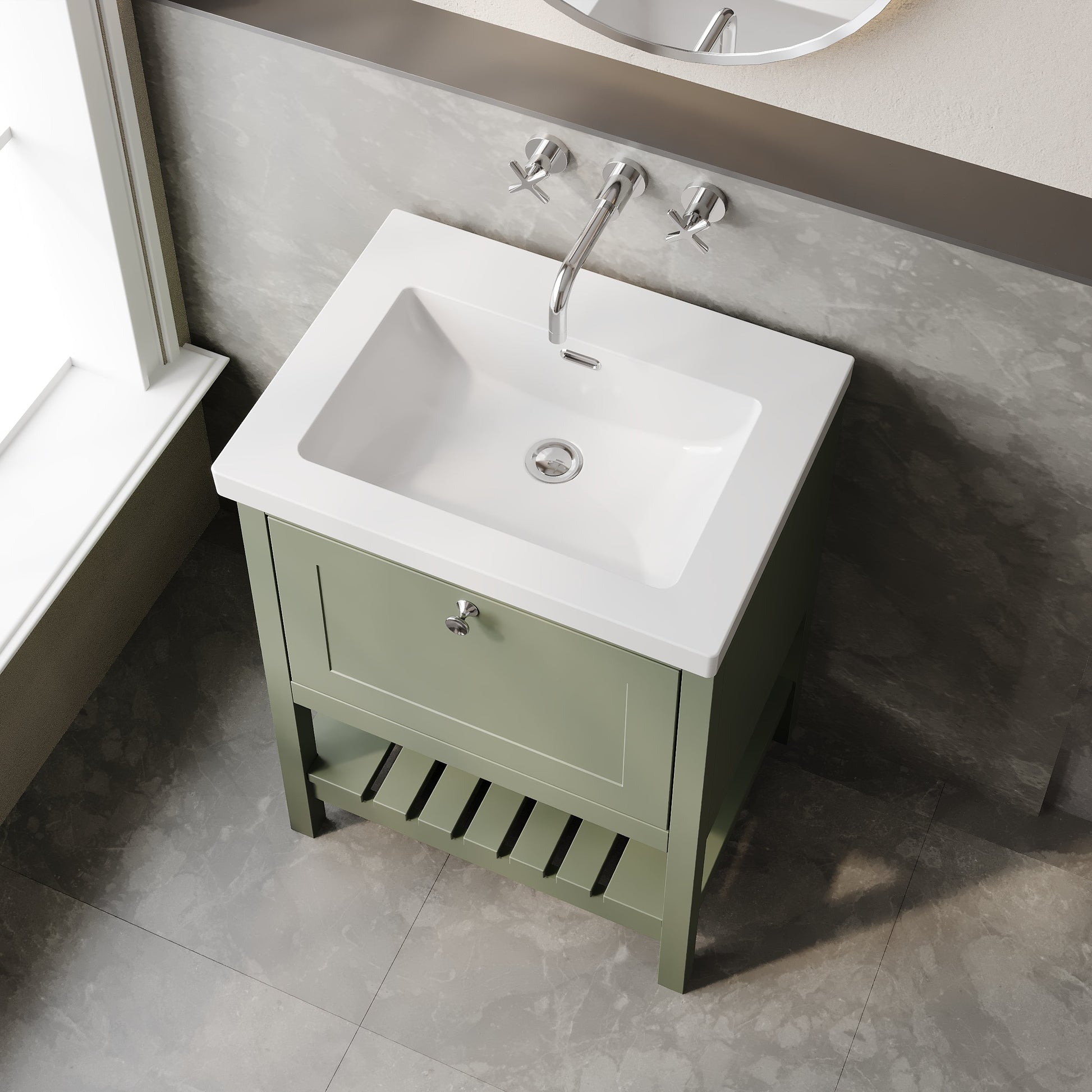Bexley Floor Standing 1 Drawer Vanity & 0 Tap Hole Contemporary Fireclay Basin, 600mm - Fern Green
