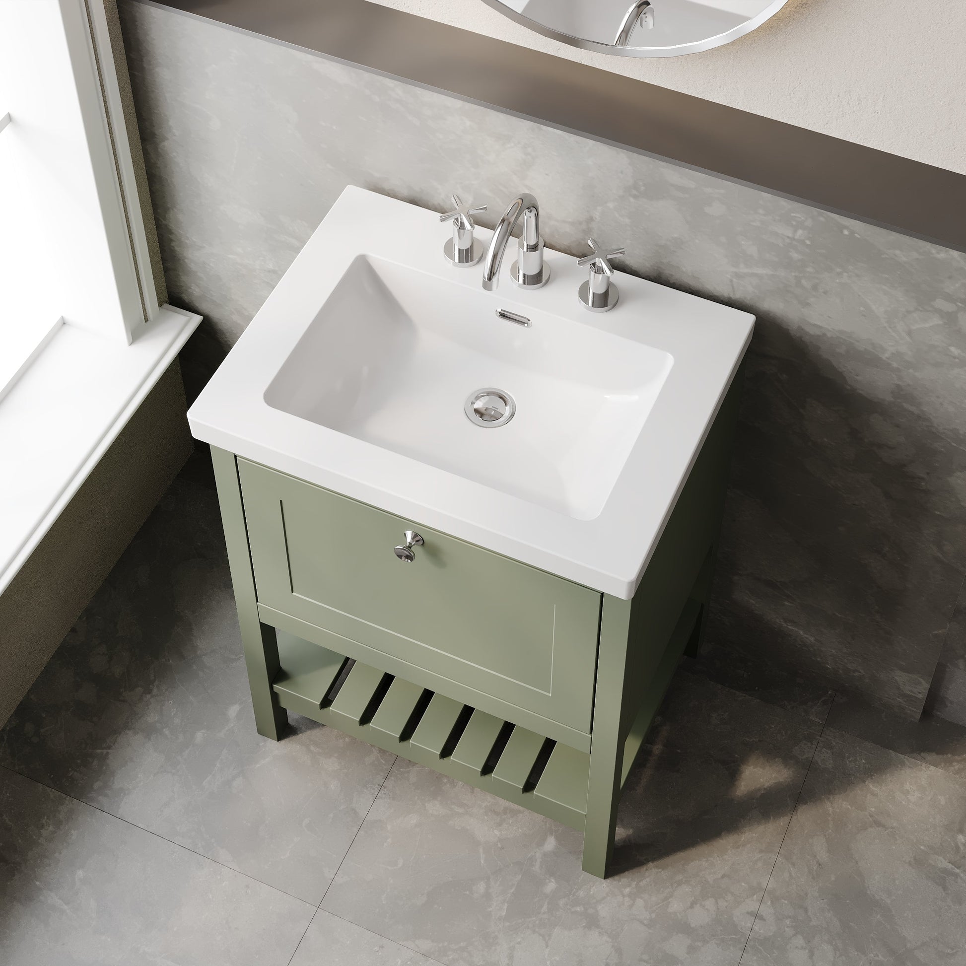 Hudson Reed Bexley 600mm Fern Green Floor Standing 1 Drawer Vanity Unit With 3 Tap Hole Basin