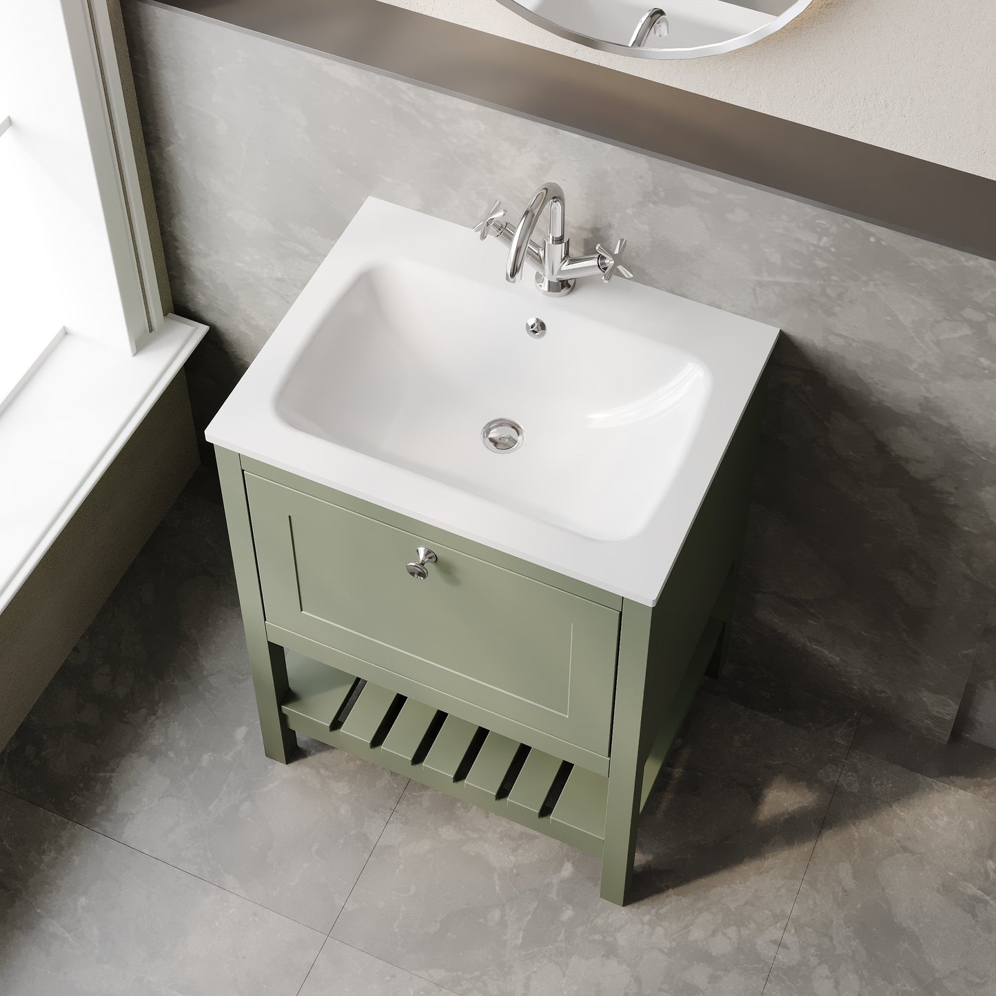 Bexley Floor Standing 1 Drawer Vanity & 1 Tap Hole Stone Basin, 600mm - Fern Green