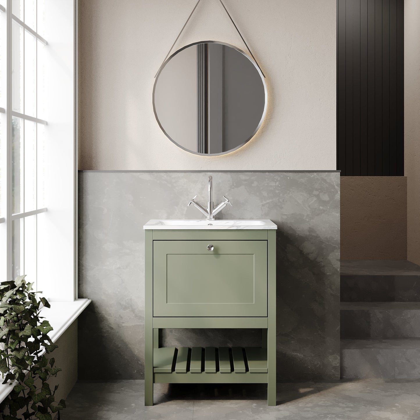Bexley Floor Standing 1 Drawer Vanity & 1 Tap Hole Stone Basin, 600mm - Fern Green