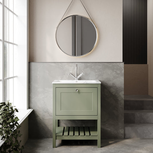 Bexley Floor Standing 1 Drawer Vanity & 1 Tap Hole Stone Basin, 600mm - Fern Green