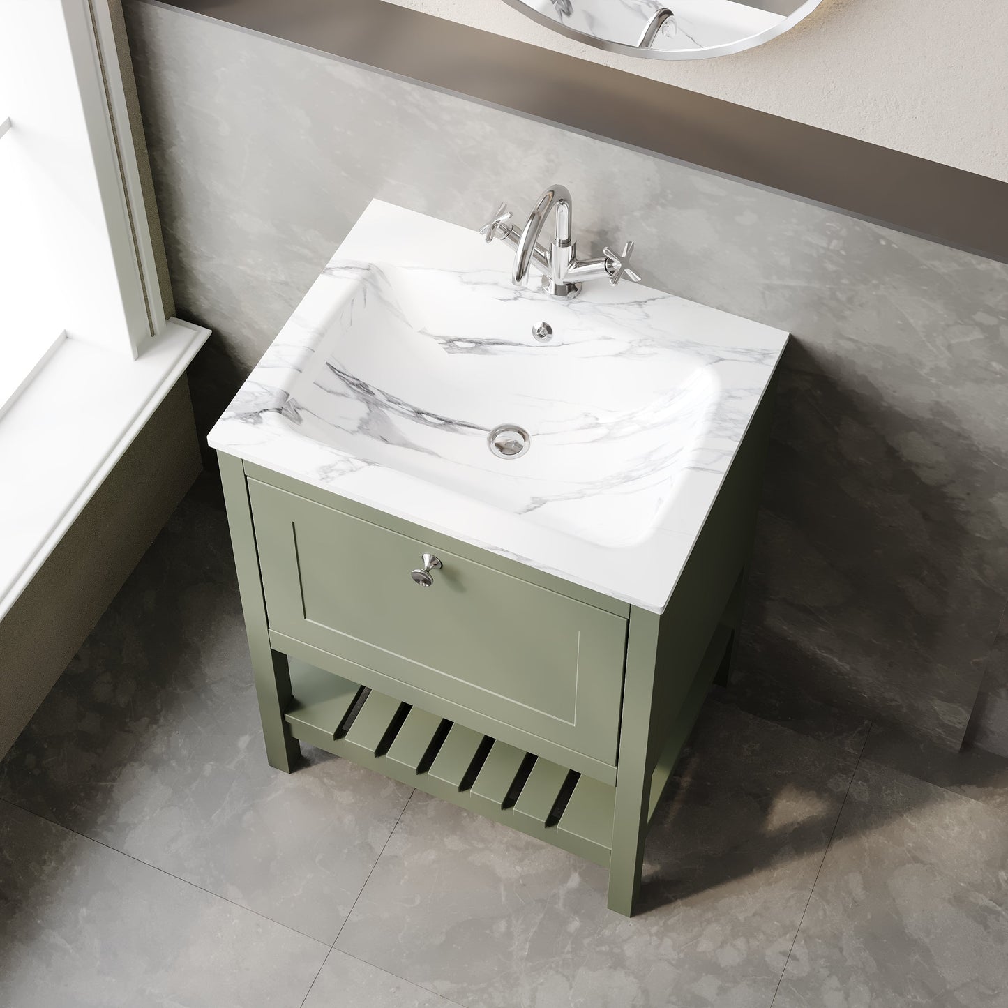 Bexley Floor Standing 1 Drawer Vanity & 1 Tap Hole Stone Basin, 600mm - Fern Green