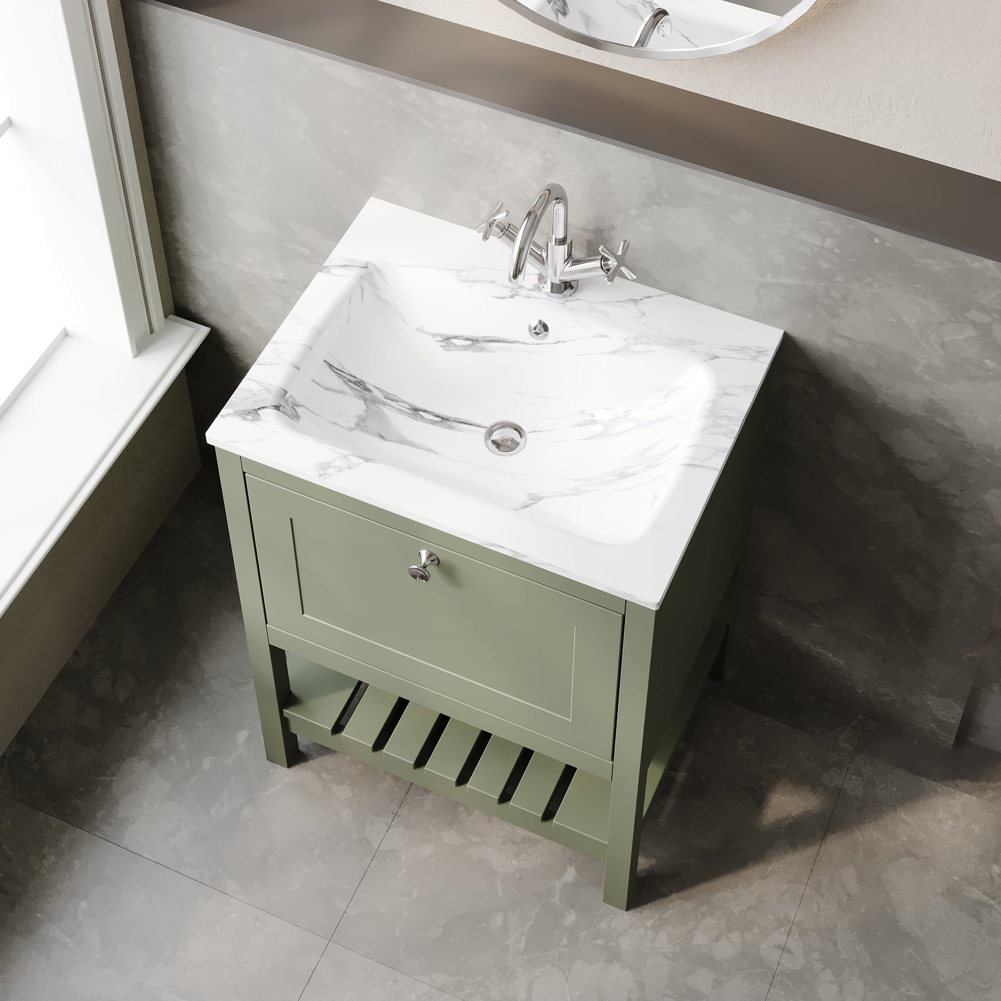 Bexley Floor Standing 1 Drawer Vanity & 1 Tap Hole Stone Basin, 600mm - Fern Green