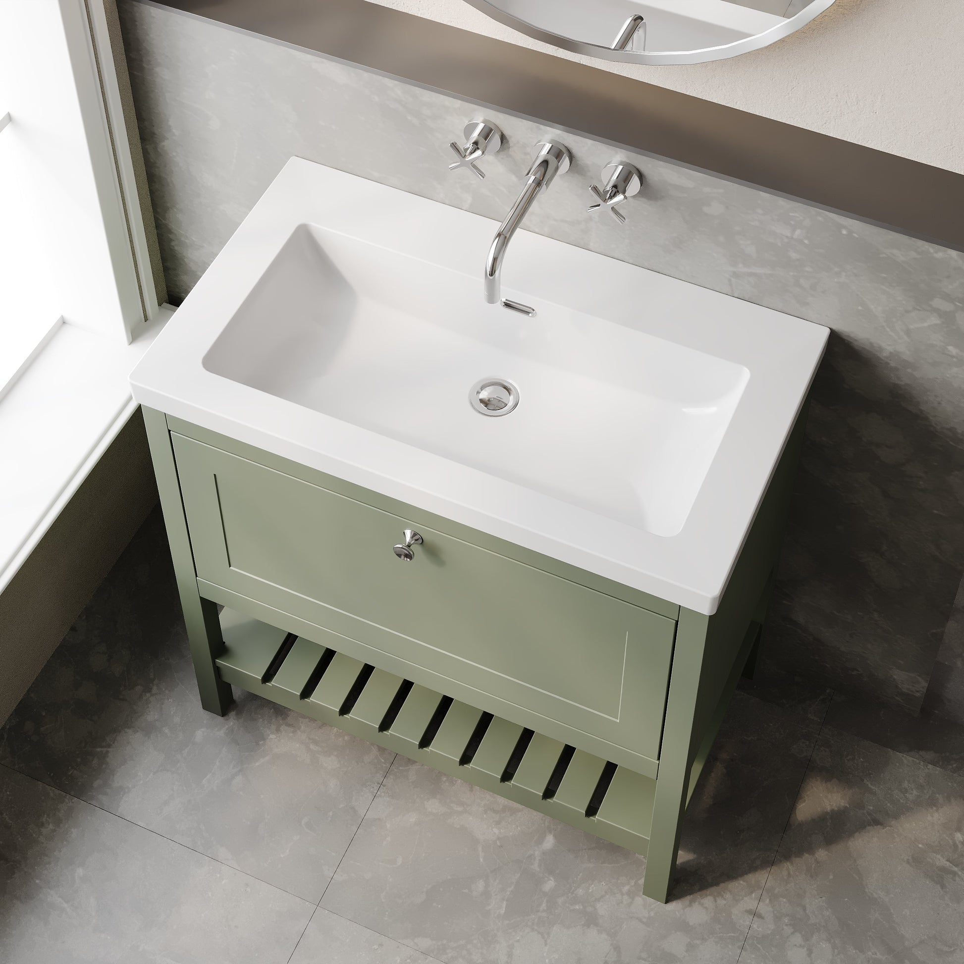 Bexley Floor Standing 1 Drawer Vanity & 0 Tap Hole Contemporary Fireclay Basin, 800mm - Fern Green