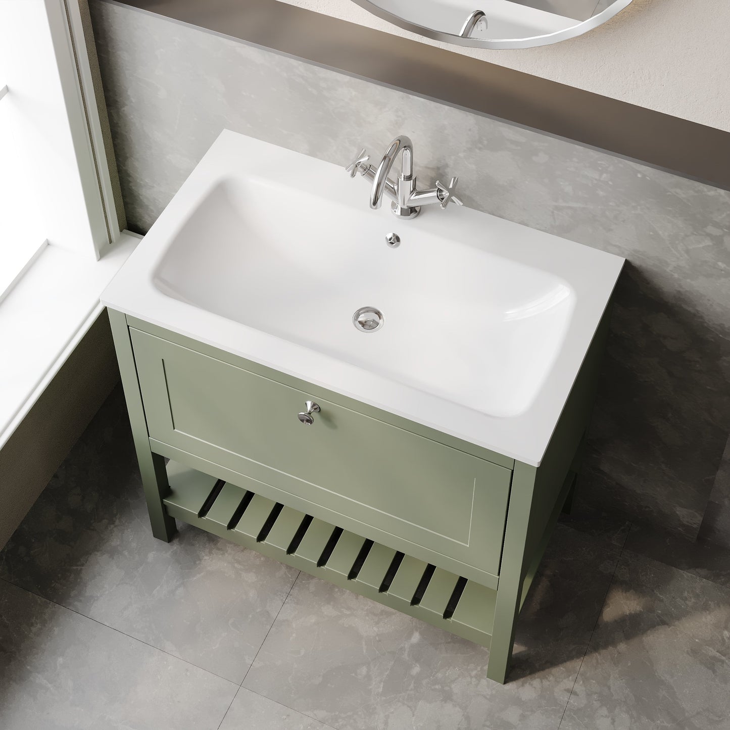 Bexley Floor Standing 1 Drawer Vanity & 1 Tap Hole Stone Basin, 800mm - Fern Green