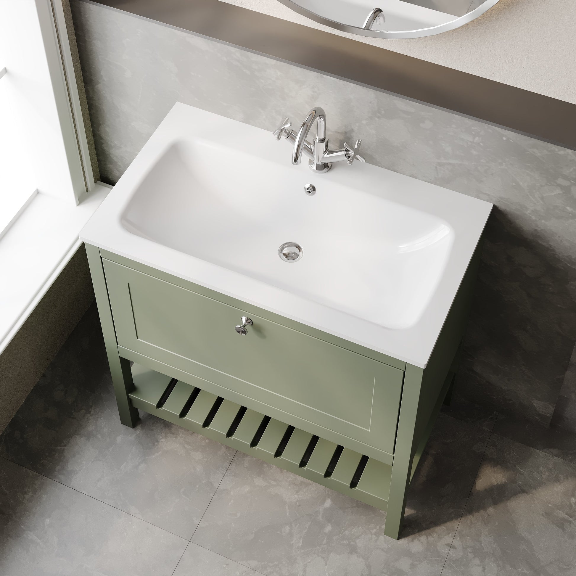 Bexley Floor Standing 1 Drawer Vanity & 1 Tap Hole Stone Basin, 800mm - Fern Green