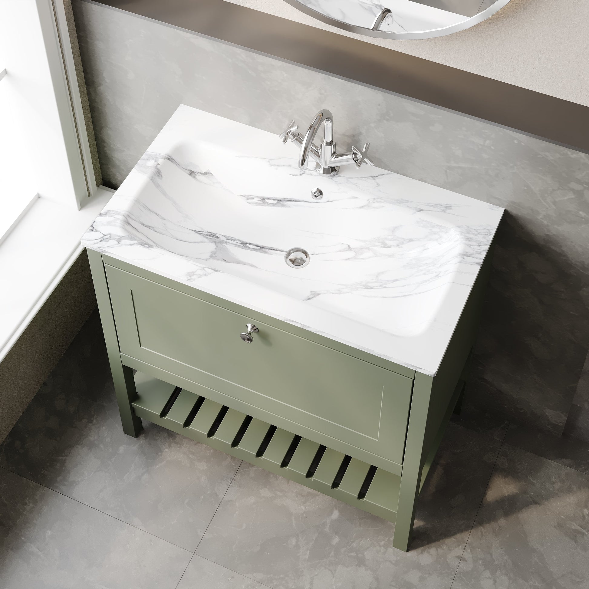 Bexley Floor Standing 1 Drawer Vanity & 1 Tap Hole Stone Basin, 800mm - Fern Green