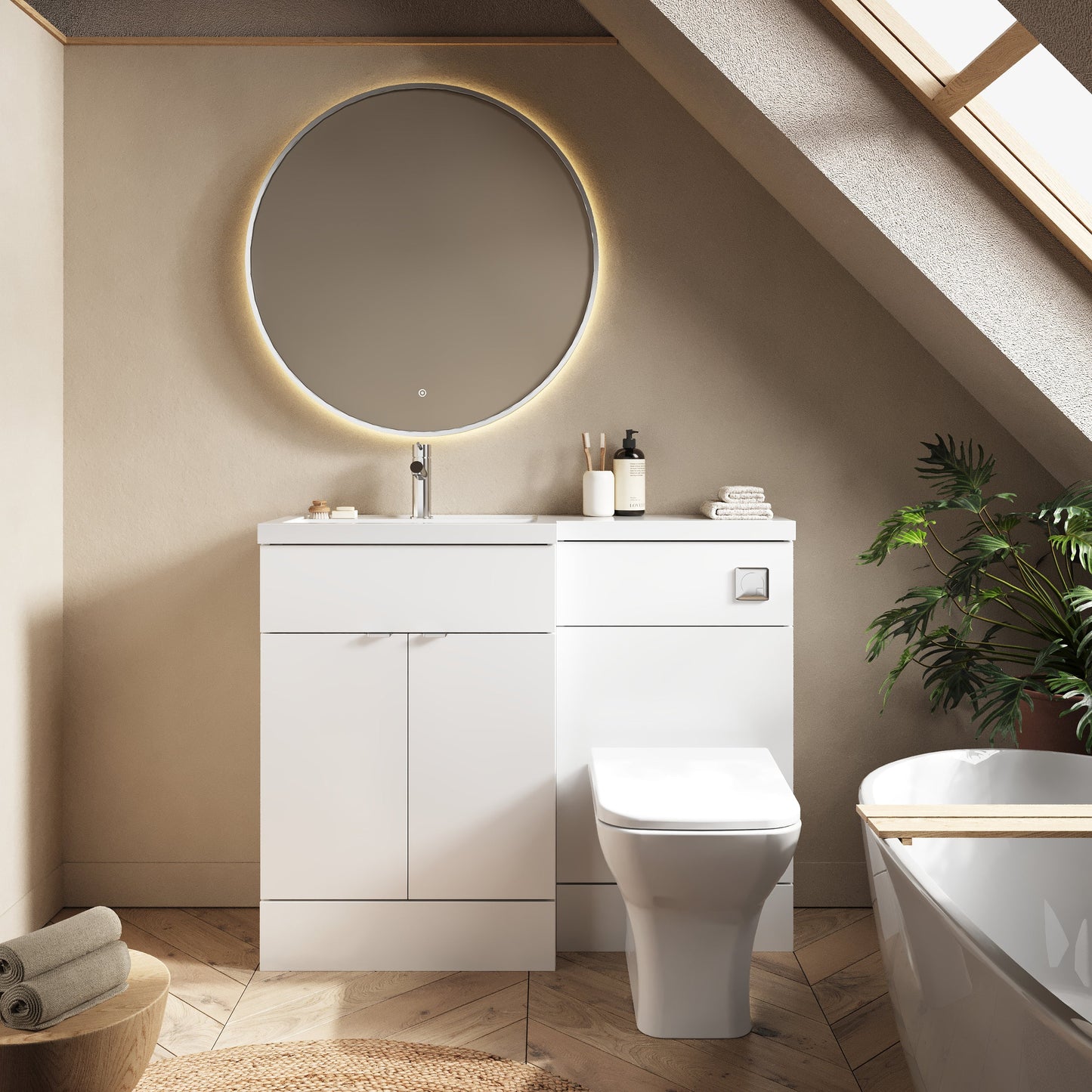 Hudson Reed Fusion 1100mm Gloss White Floor Standing 2 Door Vanity Basin & Toilet Left Hand Combination Unit