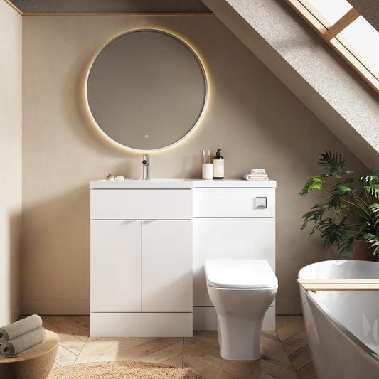 Hudson Reed Fusion 1100mm Gloss White Floor Standing 2 Door Vanity Basin & Toilet Left Hand Combination Unit