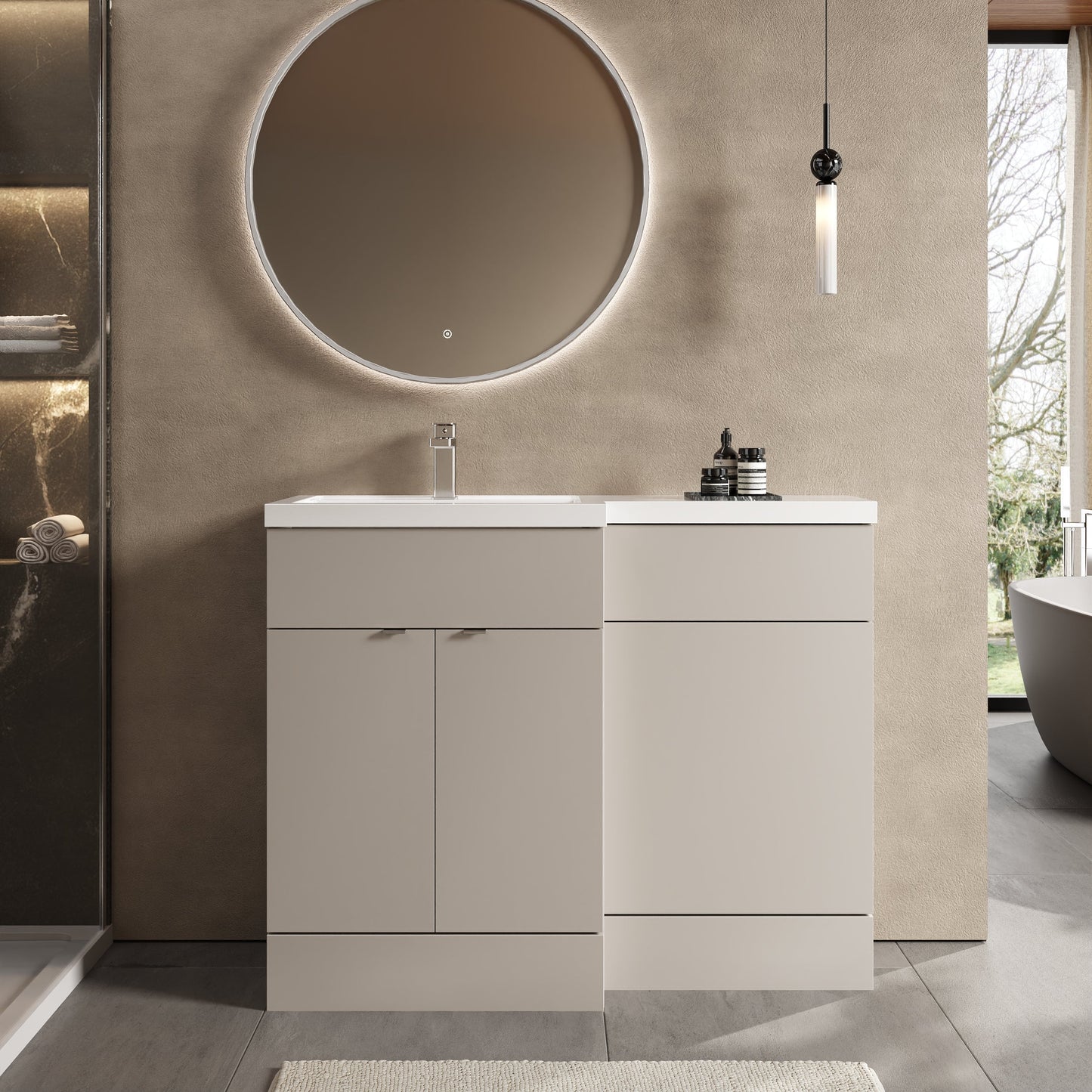 Hudson Reed Fusion 1100mm Left Hand Pebble Grey Combination Unit With Basin, Handles & Overflow