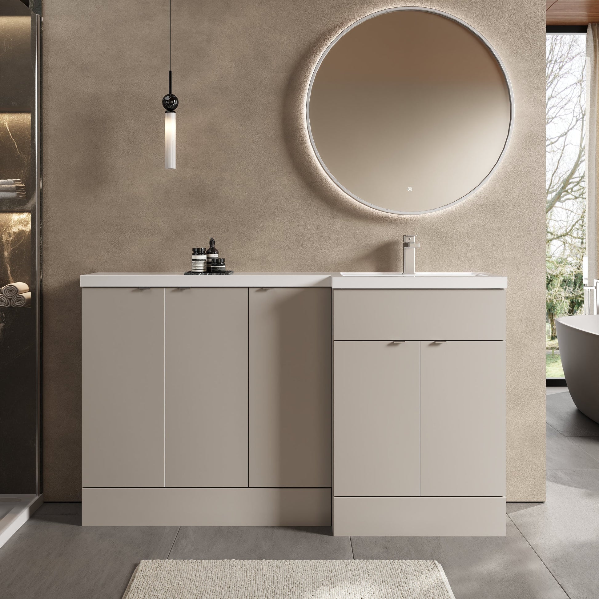 Hudson Reed Fusion 1500mm Right Hand Pebble Grey Combination Unit With 2 Handles