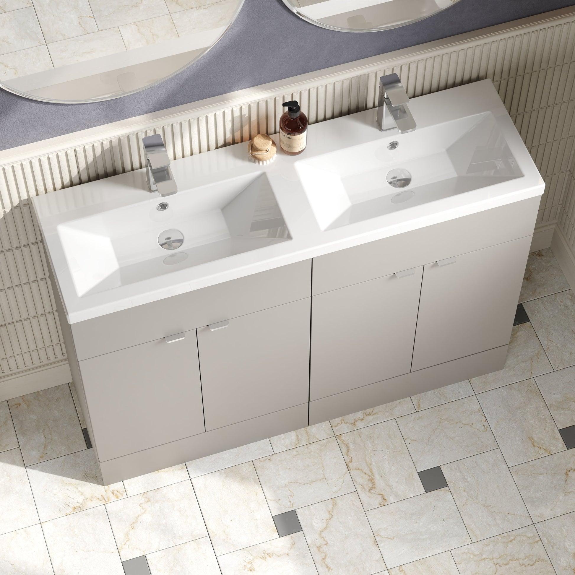 Hudson Reed Fusion 1200mm Pebble Grey 4-Door Floor Standing Vanity with Double Basin Soft Close