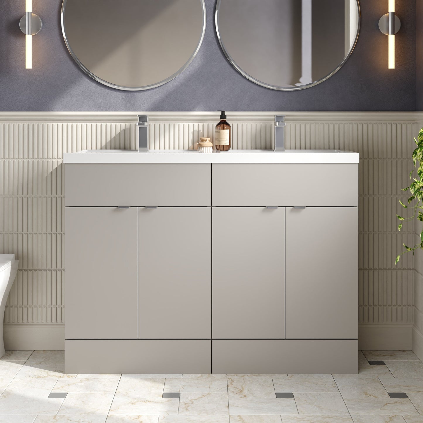 Hudson Reed Fusion 1200mm Pebble Grey 4-Door Vanity Unit & Double Basin With Soft Close Doors