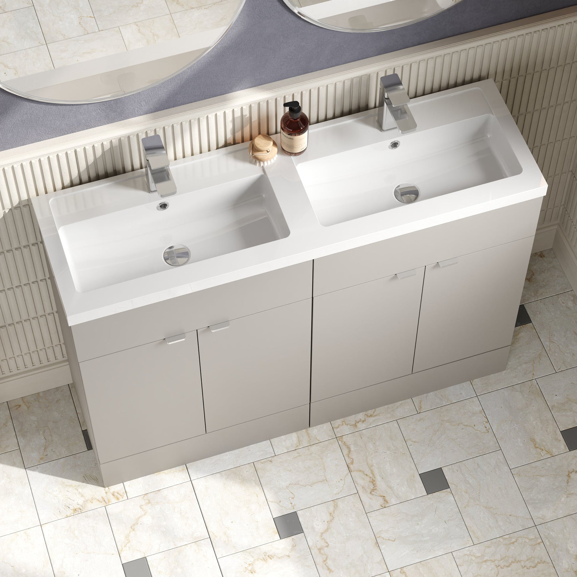 Hudson Reed Fusion 1200mm Pebble Grey 4-Door Vanity Unit & Double Basin With Soft Close Doors