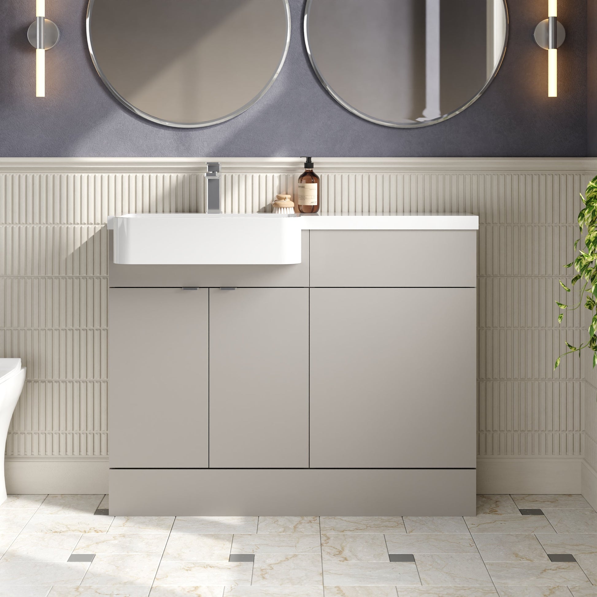 Hudson Reed Fusion 1100mm Pebble Grey Left Hand Semi Recessed Combination Unit with Soft Close Doors & Handles