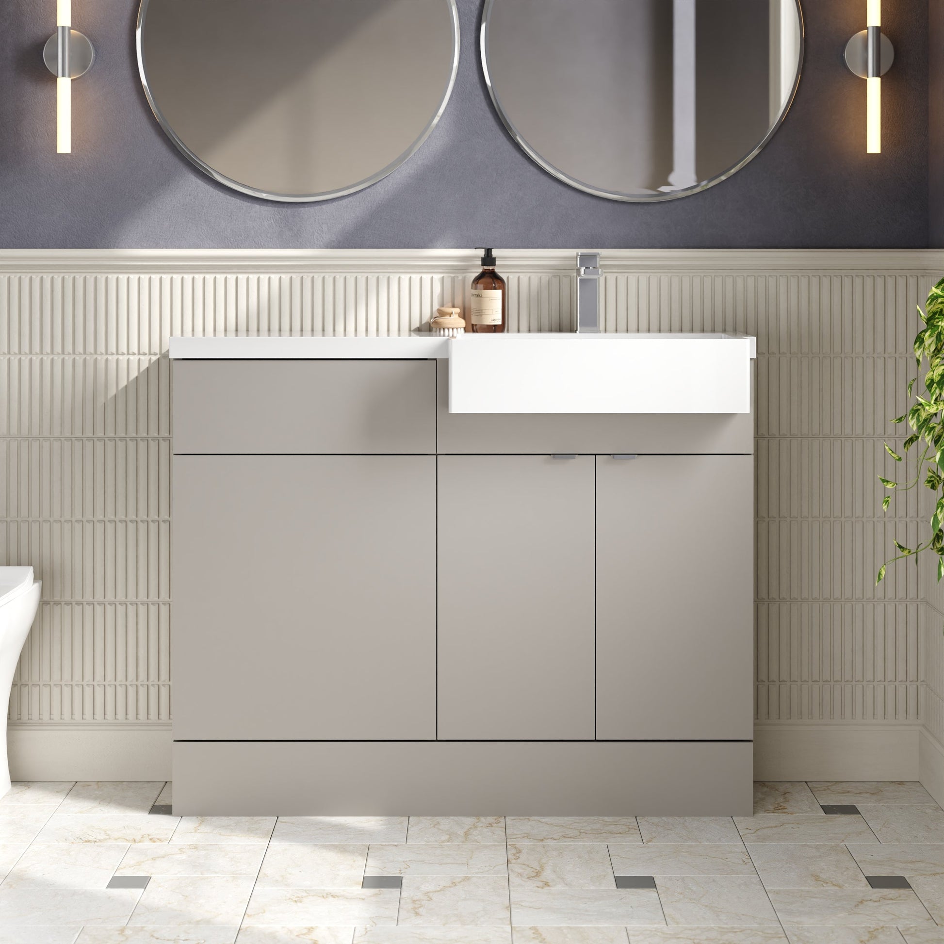 Hudson Reed Fusion 1100mm Pebble Grey Combination Unit & Right Hand Semi Recessed Basin Ready Assembled Soft Close