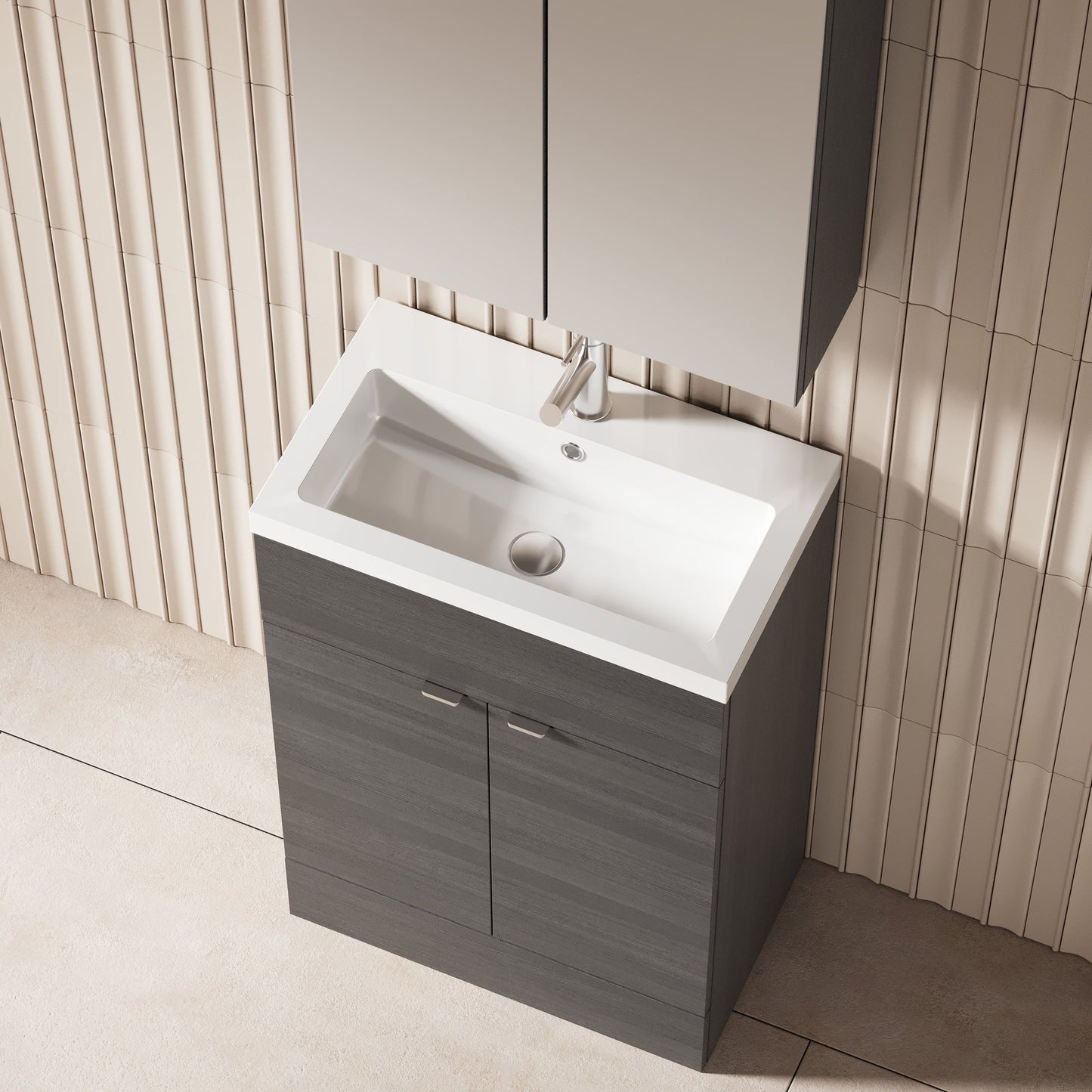 Hudson Reed Fusion 600mm Anthracite Woodgrain Floor Standing 2 Door Vanity Unit with Basin and Handles