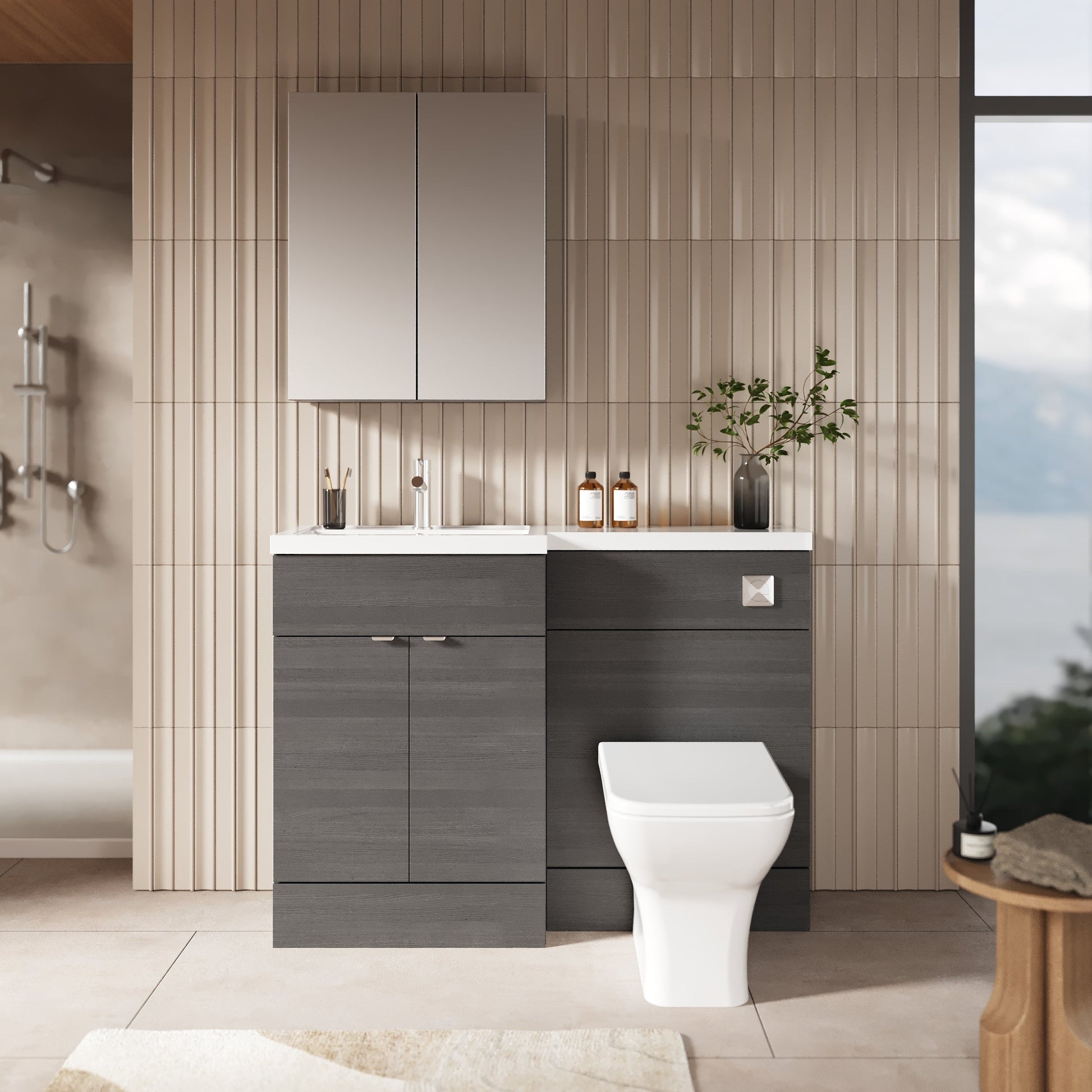 Hudson Reed Fusion 1200mm Anthracite Woodgrain Floor Standing Left Hand Vanity Basin & Toilet Combination
