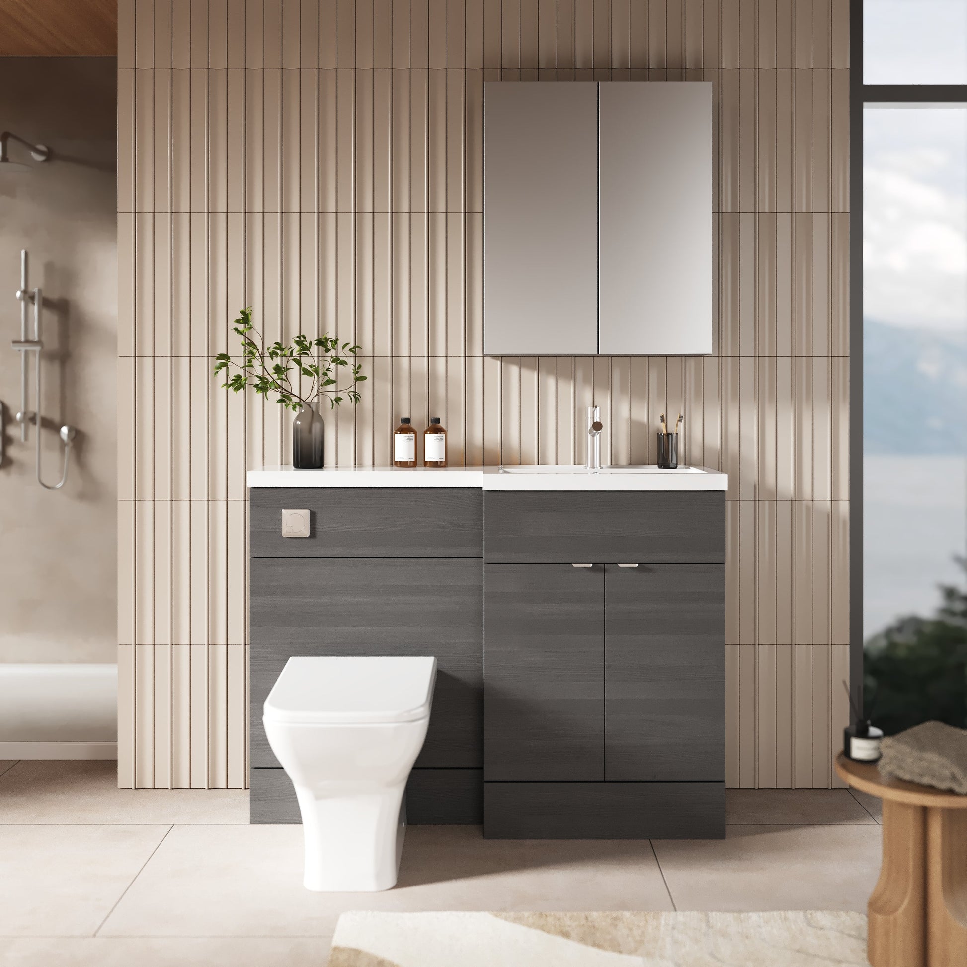 Hudson Reed Fusion 1200mm Anthracite Woodgrain Vanity Basin & Toilet Right Hand Combination