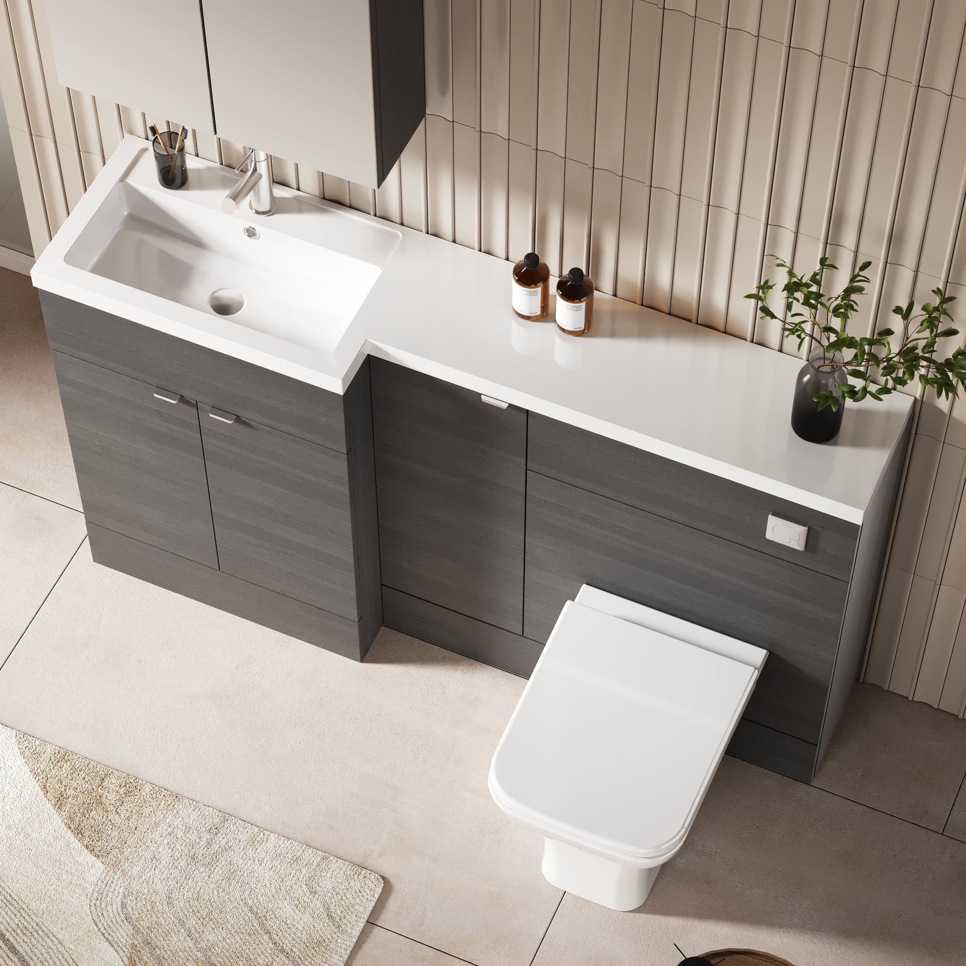 Hudson Reed Fusion 1505mm Anthracite Woodgrain Floor Standing 2 Door Vanity Basin & Left Hand Toilet Combination Unit