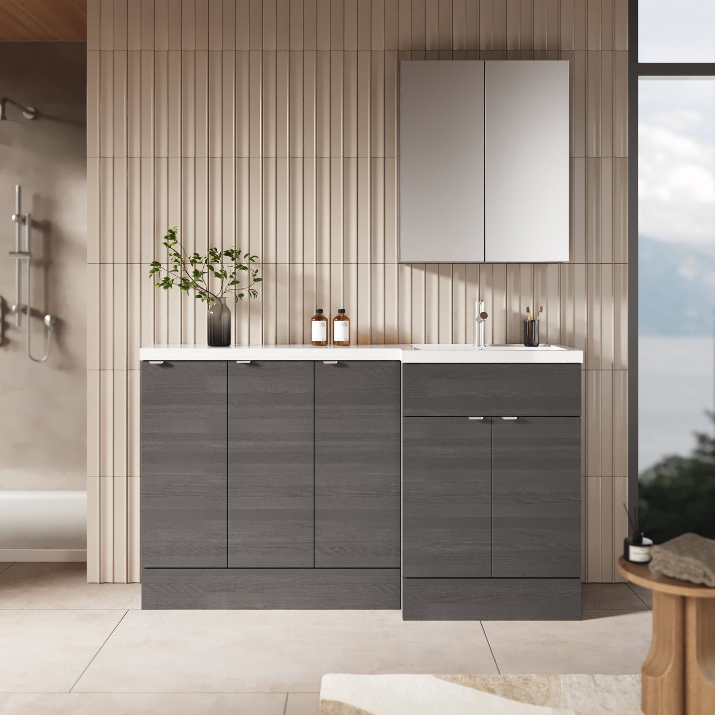 Hudson Reed Fusion 1500mm Anthracite Woodgrain Right Hand Floor Standing Vanity Basin Combination Unit