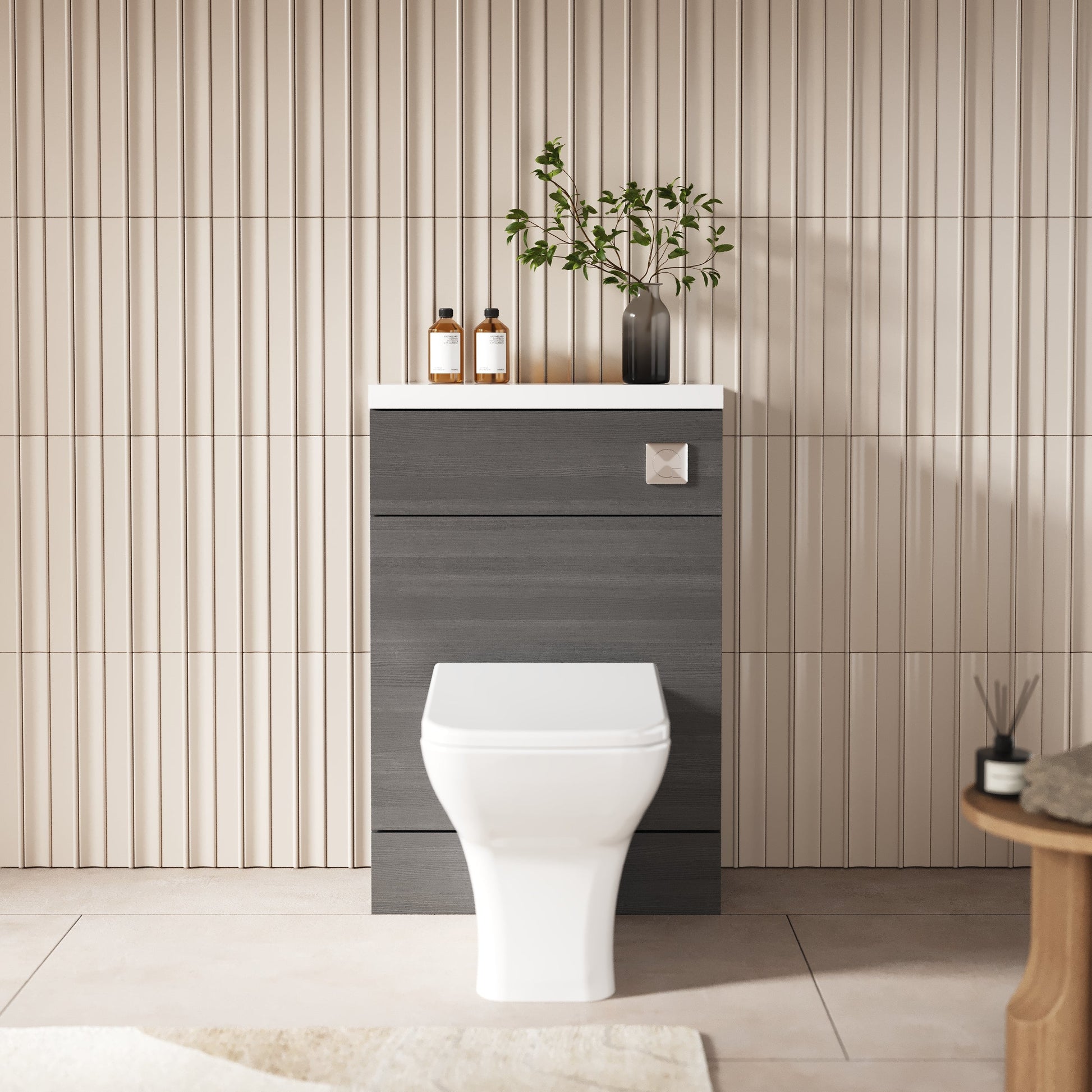 Hudson Reed Fusion 600mm Anthracite Woodgrain Compact Floor Standing Toilet Unit with Polymarble Top