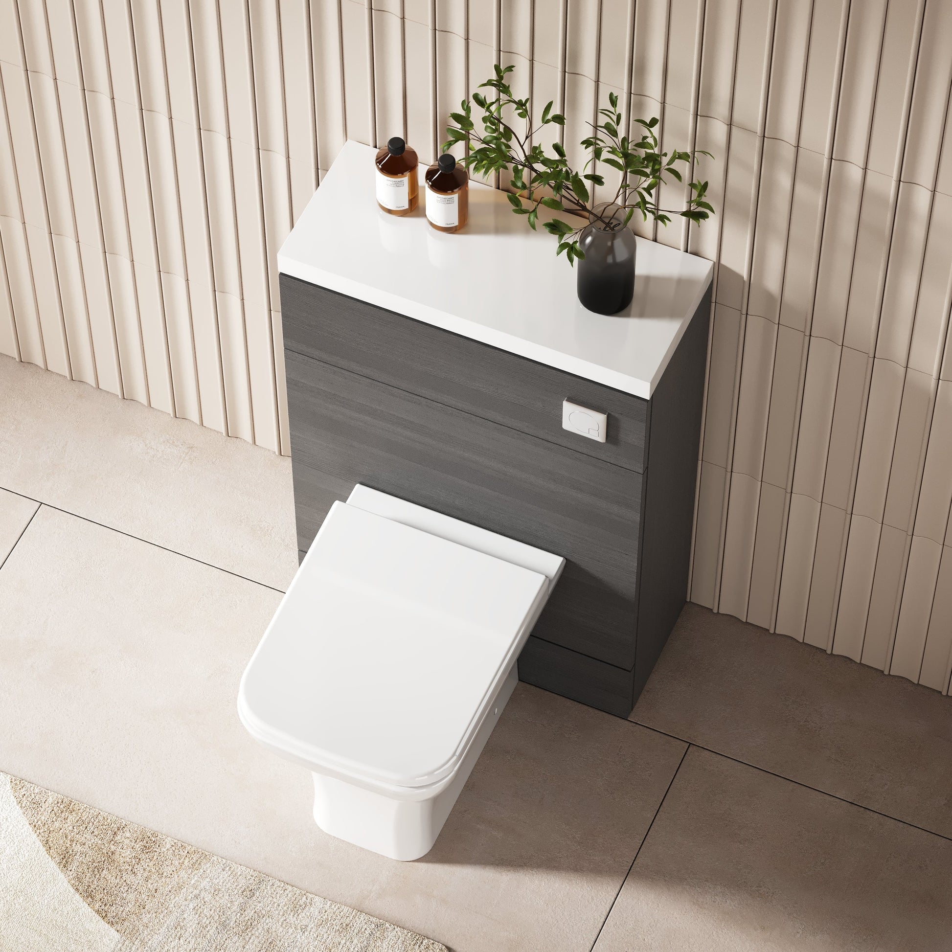 Hudson Reed Fusion 600mm Anthracite Woodgrain Compact Floor Standing Toilet Unit with Polymarble Top