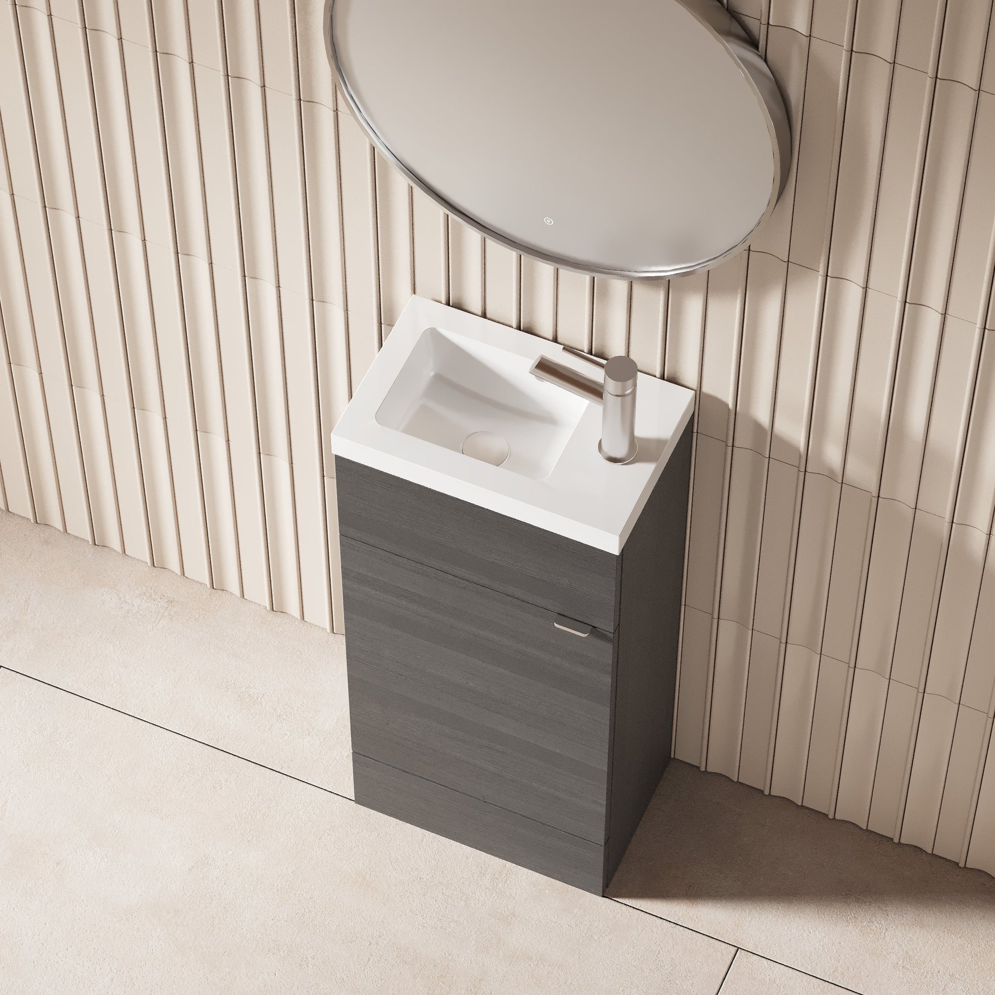 Hudson Reed Fusion 400mm Anthracite Woodgrain Floor Standing 1 Door Vanity Unit & Basin With Handle