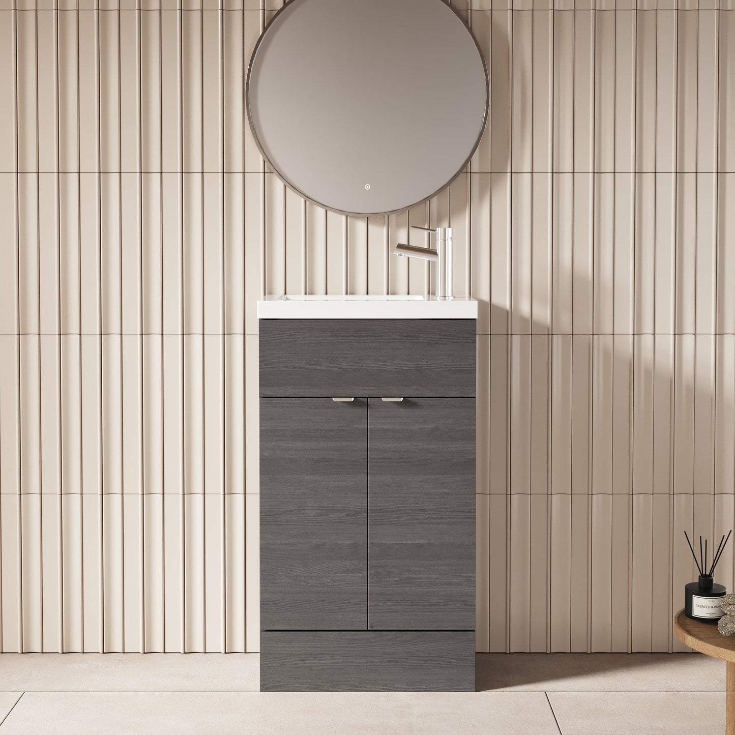 Hudson Reed Fusion 505mm Anthracite Woodgrain Floor Standing 2 Door Vanity Unit with Basin