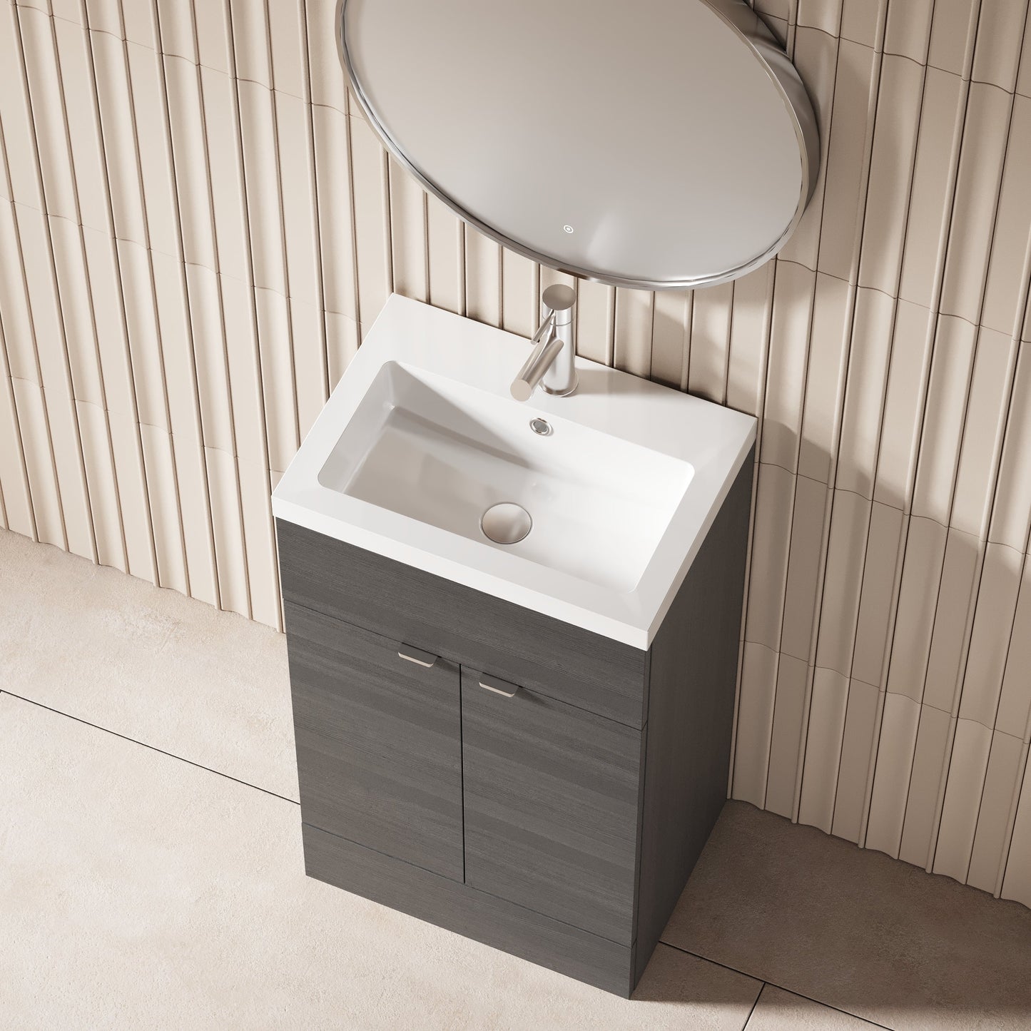 Hudson Reed Fusion 500mm Anthracite Woodgrain Floor Standing 2 Door Vanity Unit with Polymarble Basin