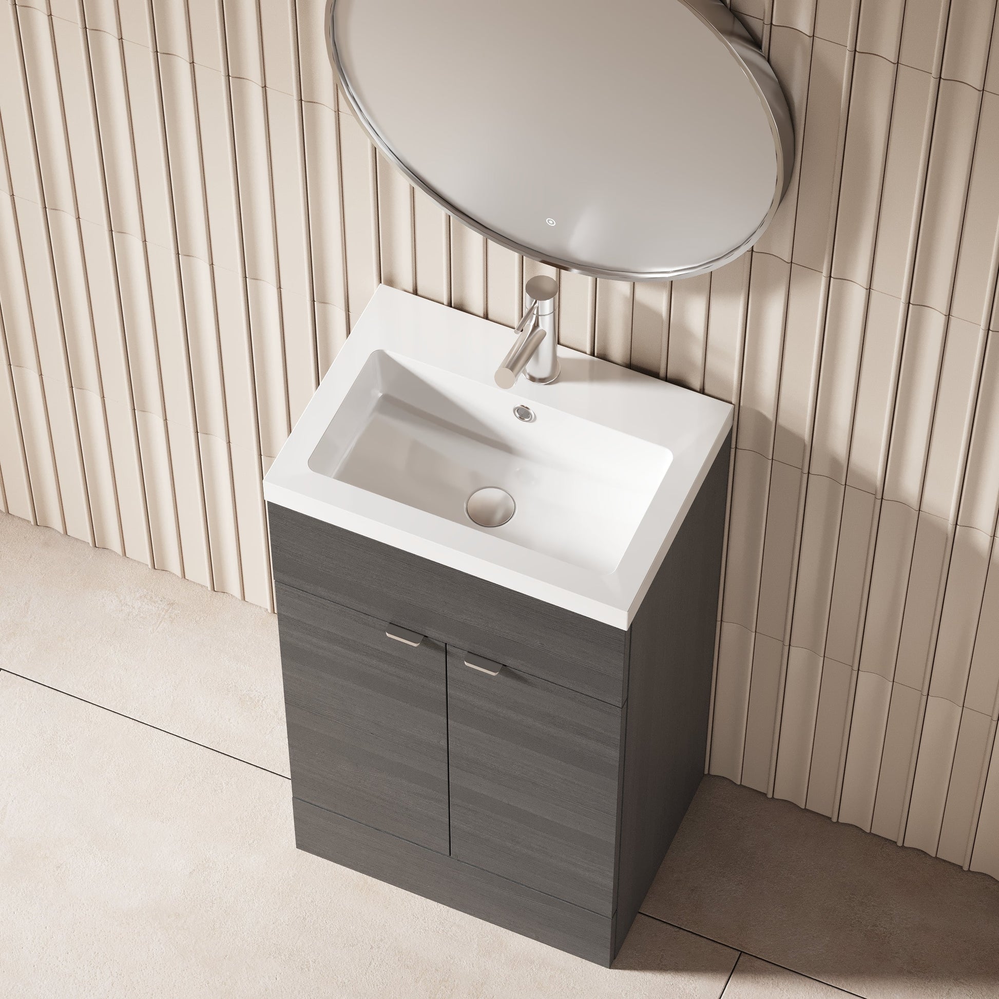 Hudson Reed Fusion 500mm Anthracite Woodgrain Floor Standing 2 Door Vanity Unit with Polymarble Basin