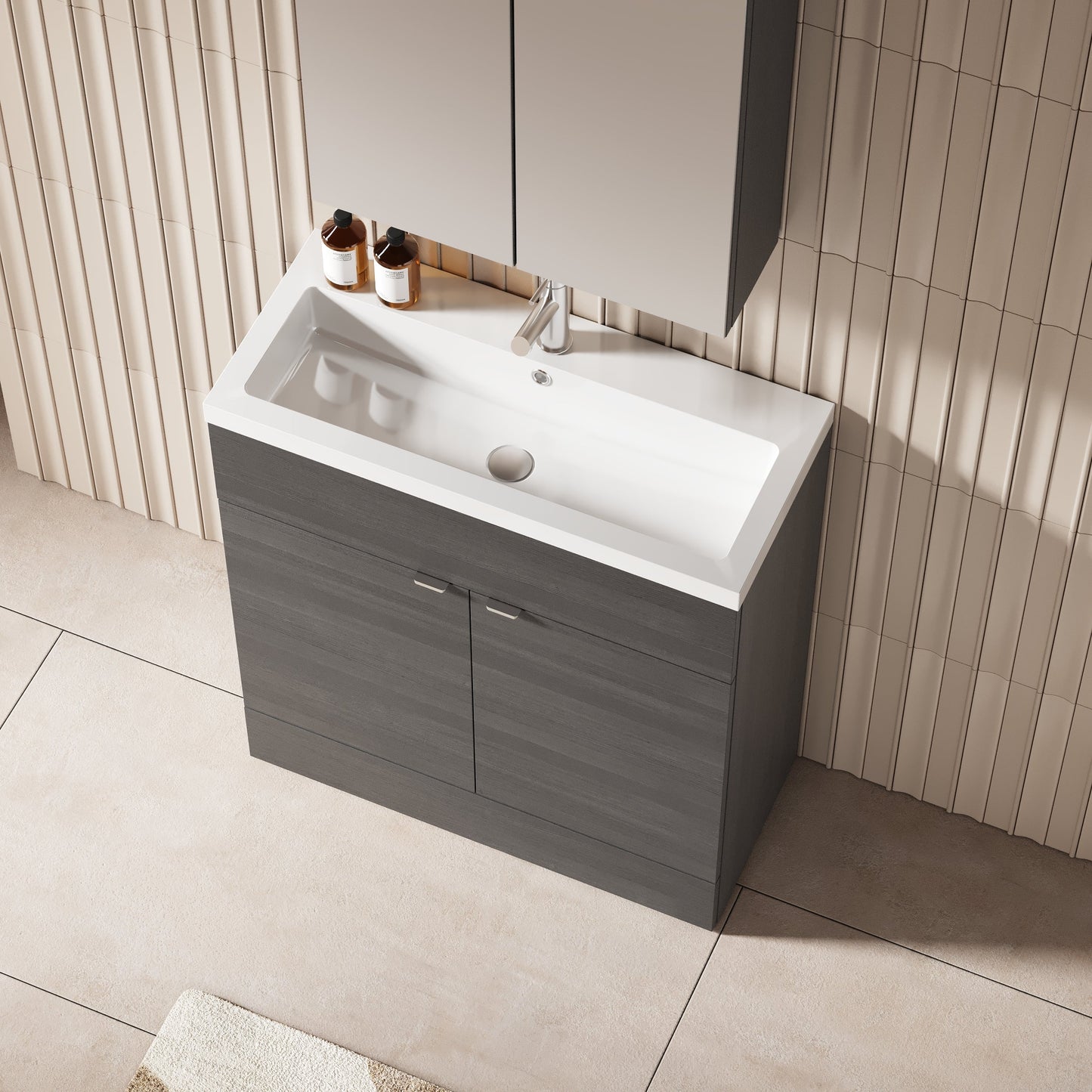 Hudson Reed Fusion 800mm Anthracite Woodgrain Floor Standing 2 Door Vanity Unit & Polymarble Basin