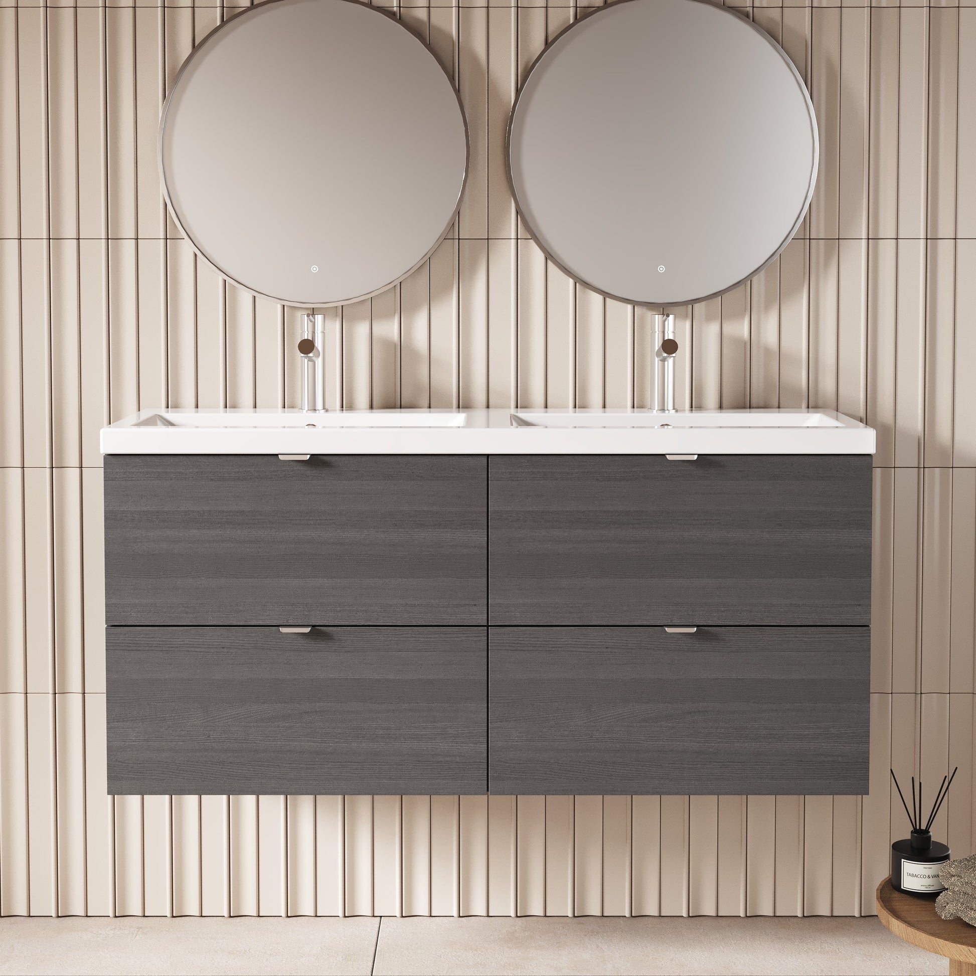 Hudson Reed Fusion 1200mm Anthracite Woodgrain Wall Hung 4 Drawer Vanity Unit with Double Basin