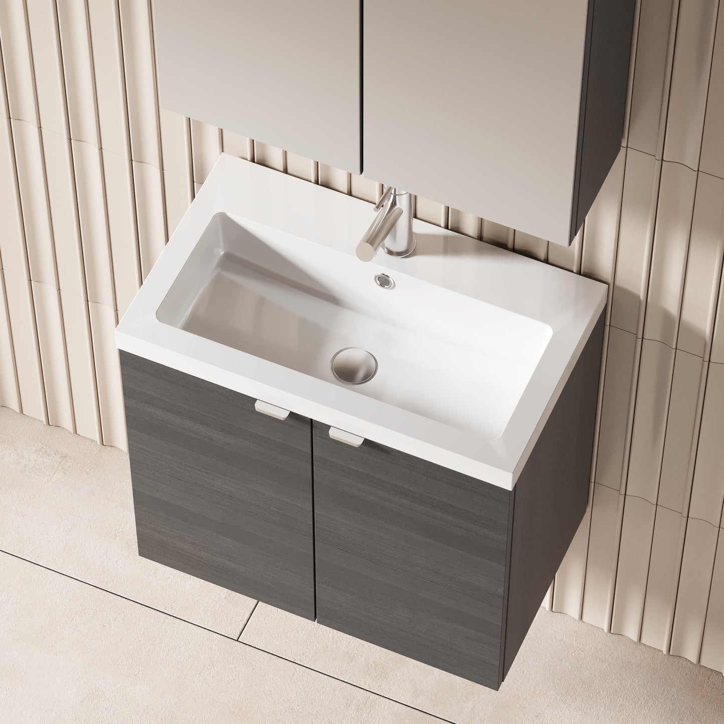 Hudson Reed Fusion 600mm Anthracite Woodgrain Wall Hung 2 Door Vanity Unit & Basin With Soft Close Doors