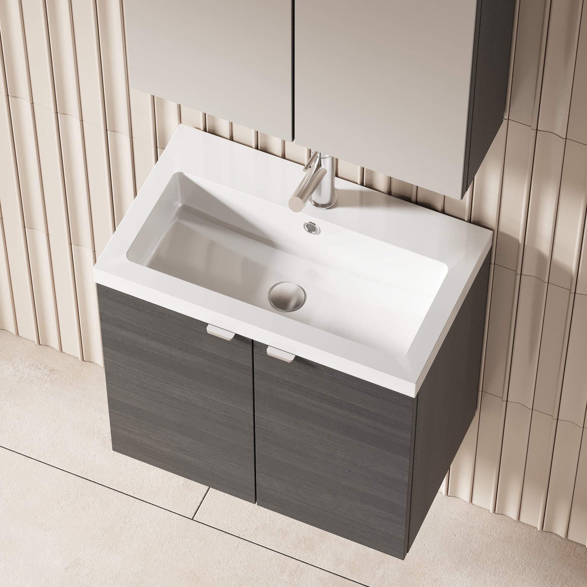 Hudson Reed Fusion 600mm Anthracite Woodgrain Wall Hung 2 Door Vanity Unit & Basin With Soft Close Doors