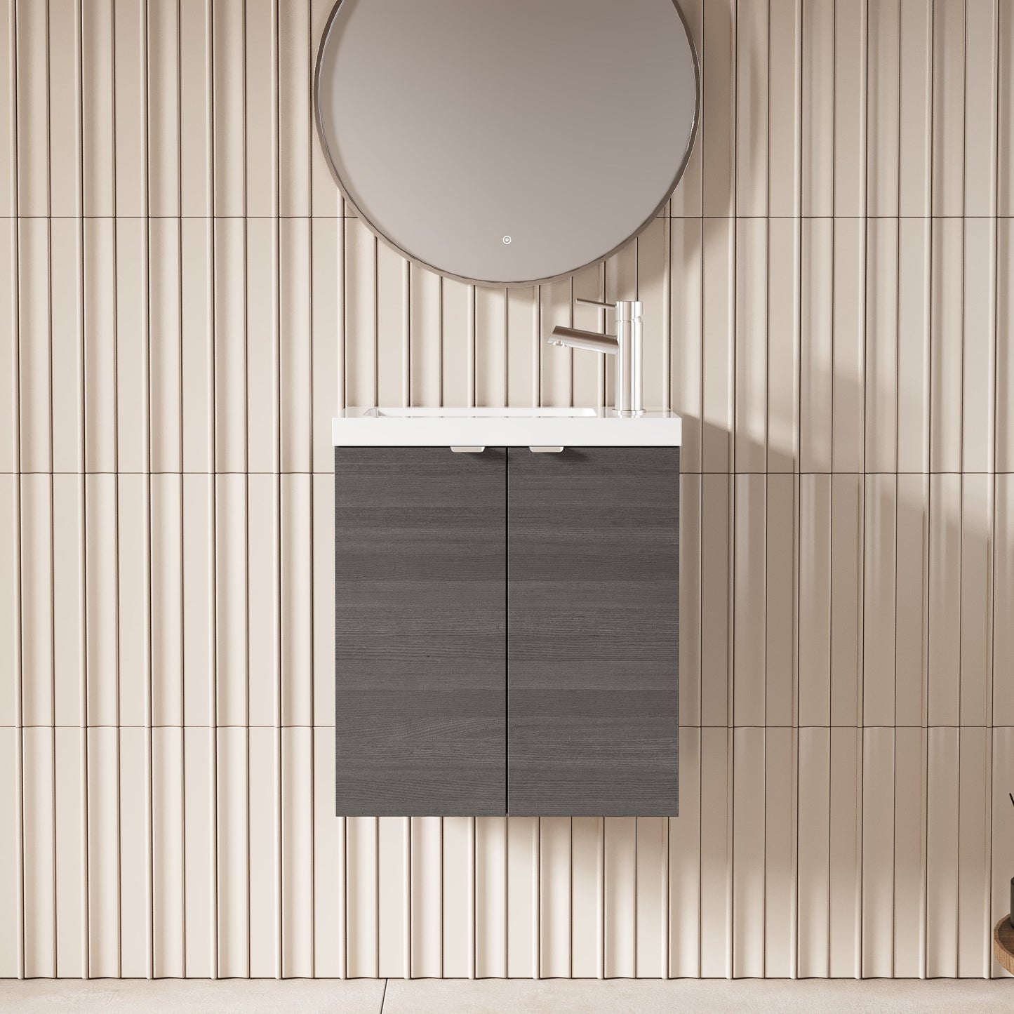 Hudson Reed Fusion Compact 500mm Anthracite Woodgrain Wall Hung 2 Door Vanity Unit & Polymarble Basin