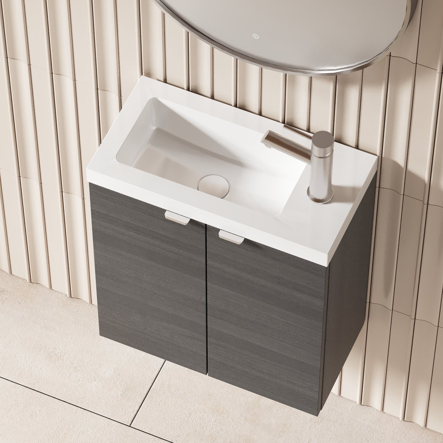 Hudson Reed Fusion Compact 500mm Anthracite Woodgrain Wall Hung 2 Door Vanity Unit & Polymarble Basin