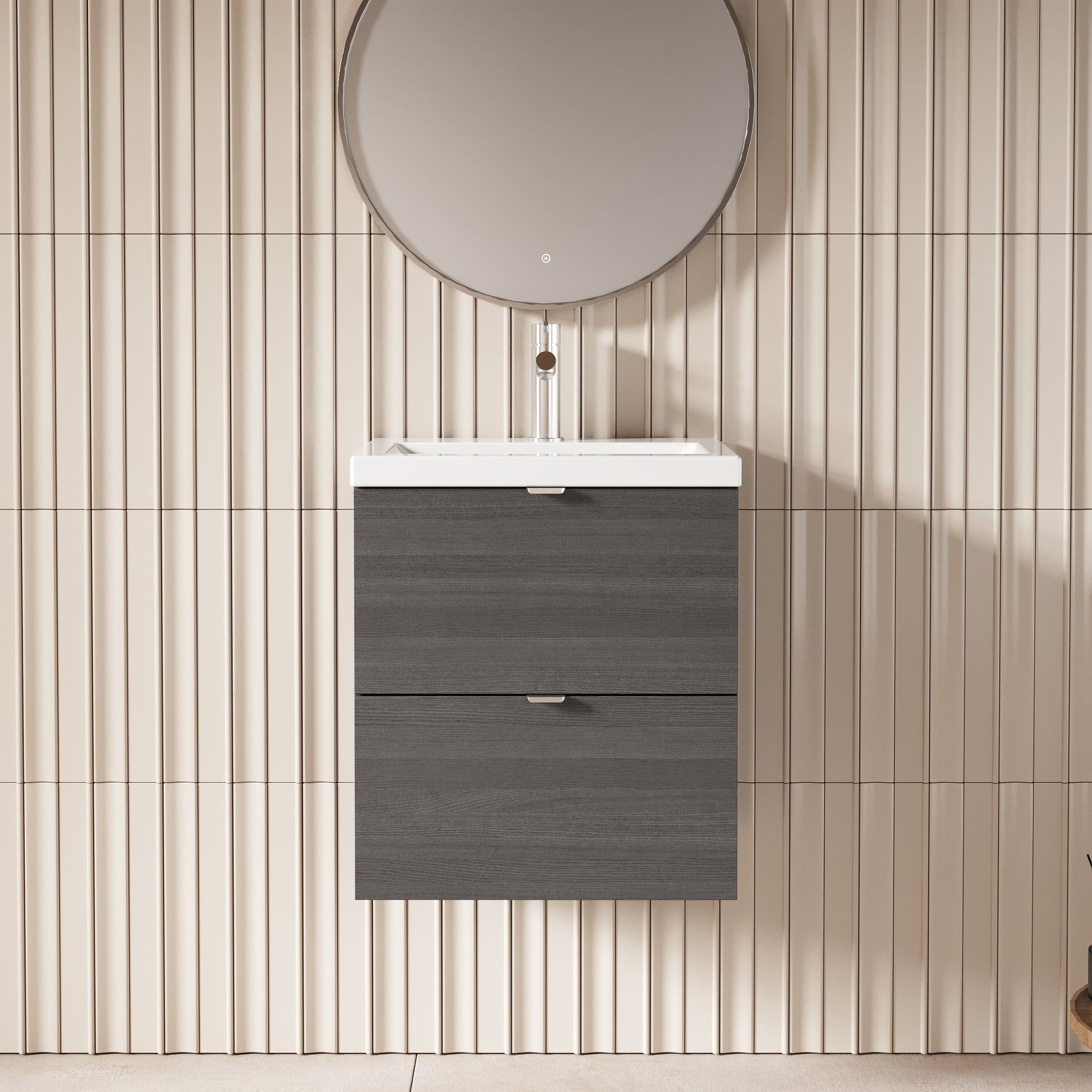 Hudson Reed Fusion 500mm Anthracite Woodgrain Wall Hung 2 Drawer Vanity Unit & Basin