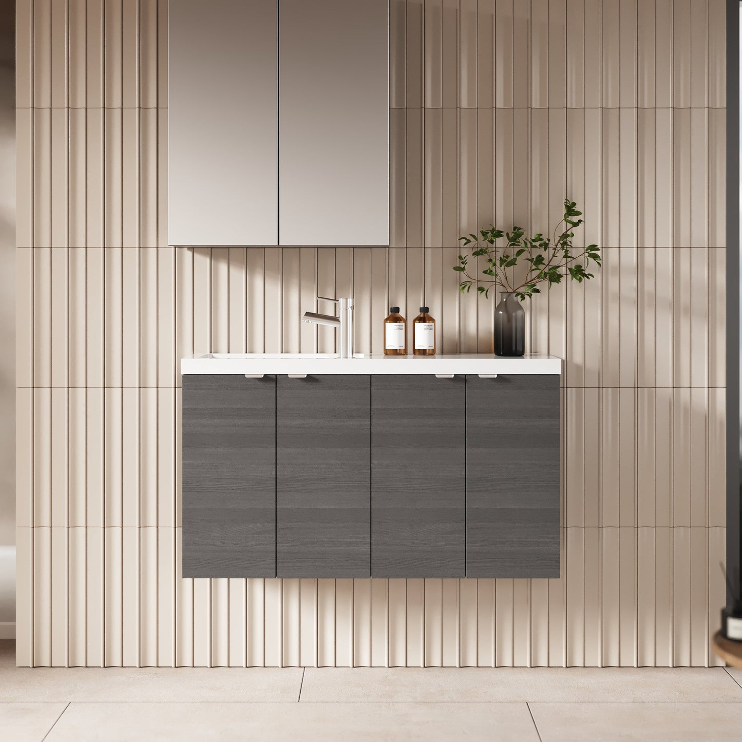 Hudson Reed Fusion 1000mm Anthracite Woodgrain Compact Wall Hung 2 Door Soft Close Vanity Unit & Basin