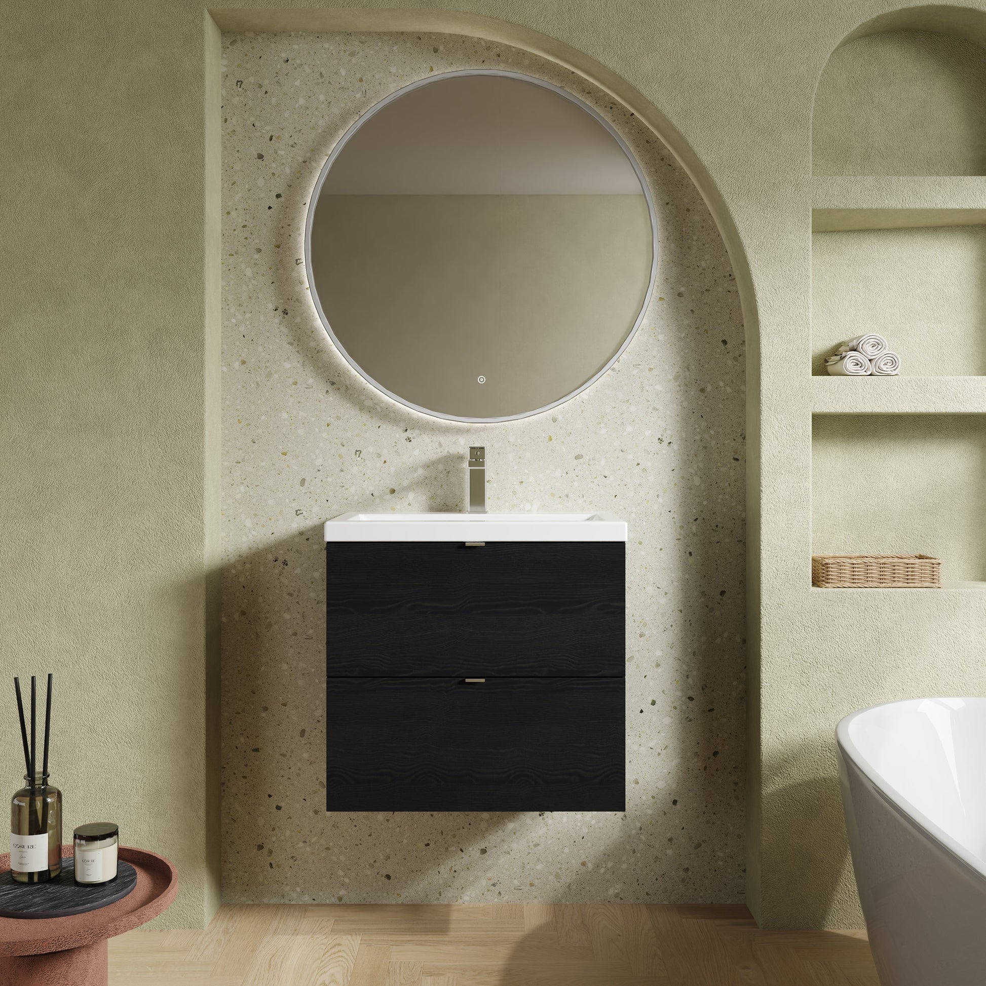 Hudson Reed Fusion 600mm Charcoal Black Wall Hung 2 Drawer Vanity Unit & Basin With Soft Close Drawers
