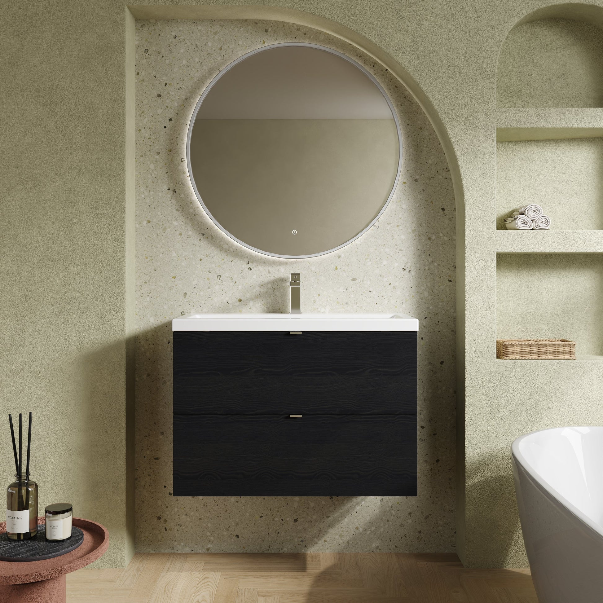 Hudson Reed Fusion 805mm Charcoal Black Wall Hung 2 Drawer Vanity Unit with Ceramic Basin & Soft Close Drawers