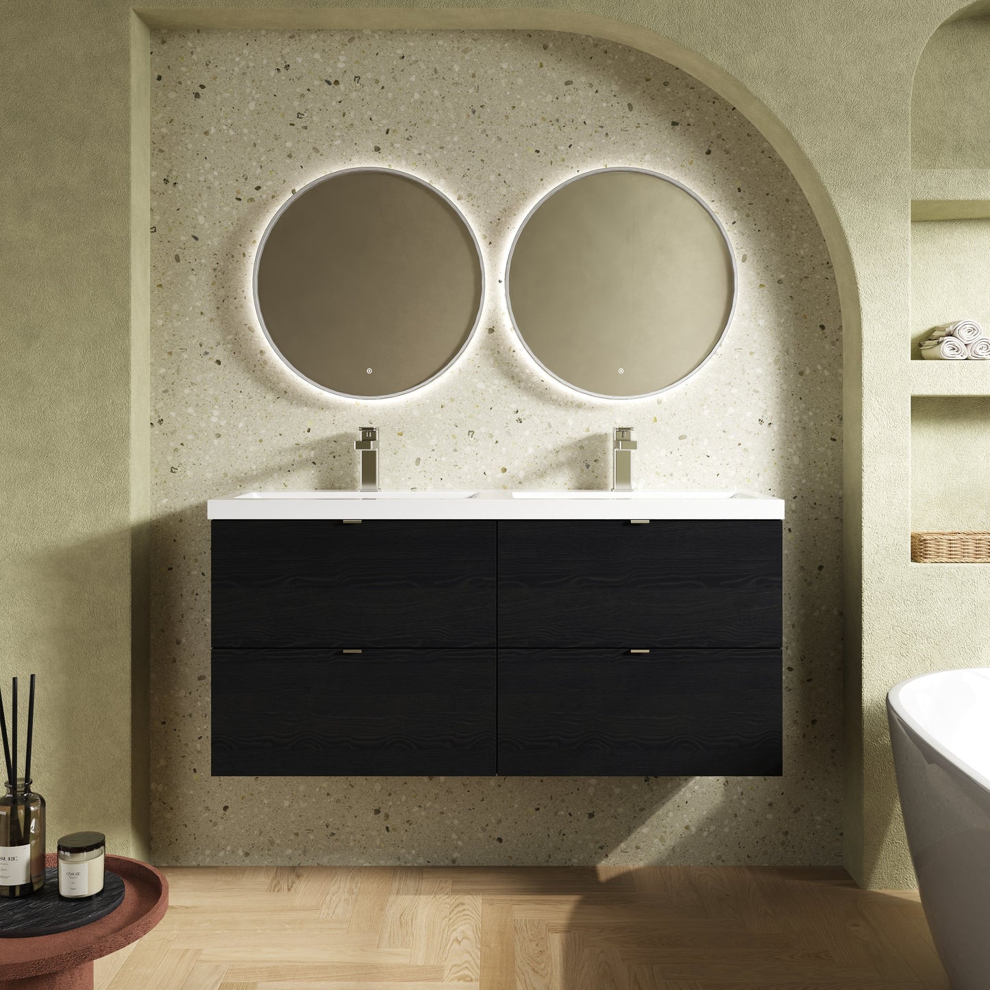 Hudson Reed Fusion 1200mm Wall Hung 4 Drawer Vanity Unit With Twin Polymarble Basin