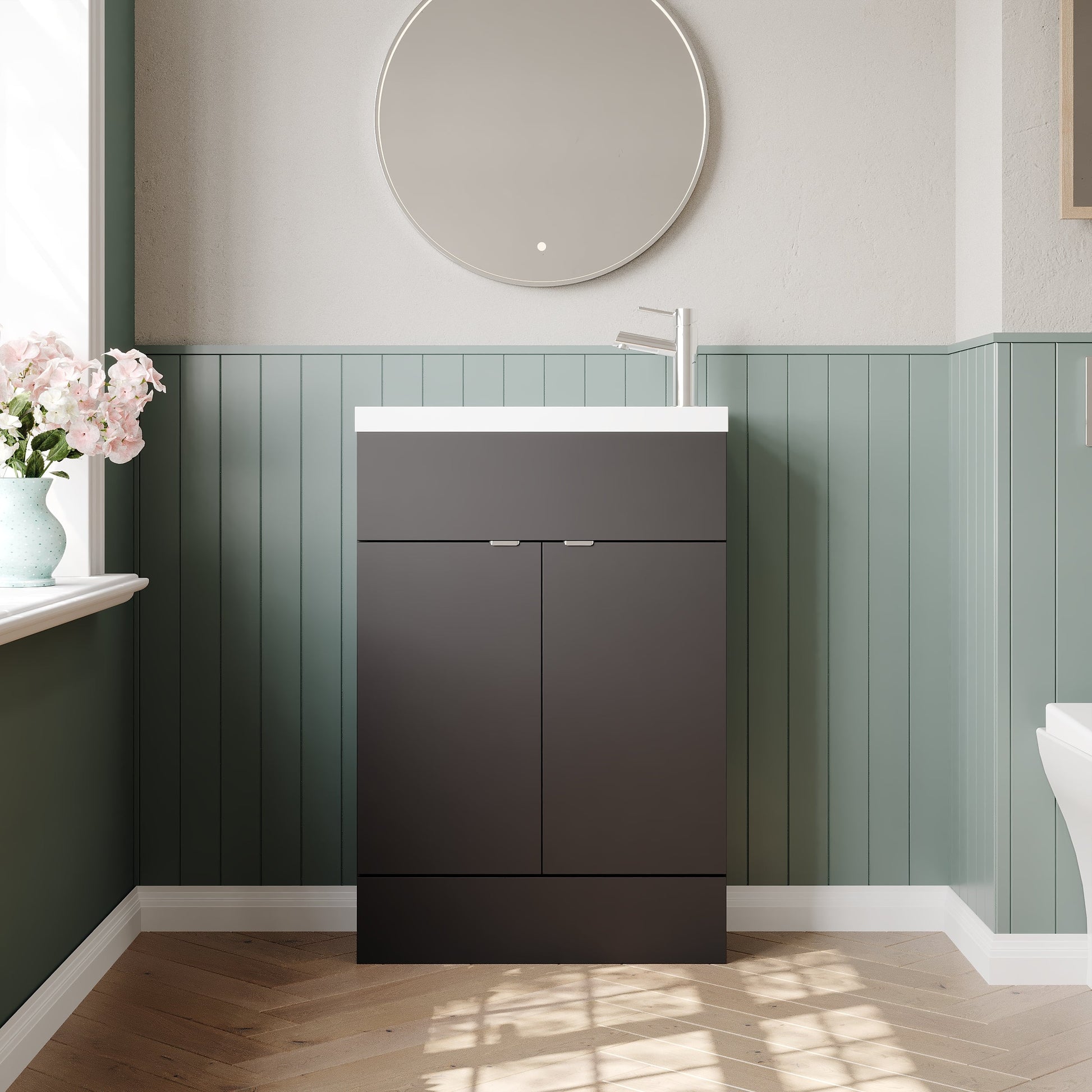 Hudson Reed Fusion 600mm Gloss Grey Floor Standing 2 Door Vanity Unit & Basin