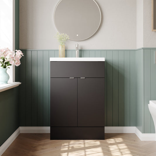 Hudson Reed Fusion 600mm Gloss Grey Floor Standing 2 Door Vanity Unit & Basin, Ready Built