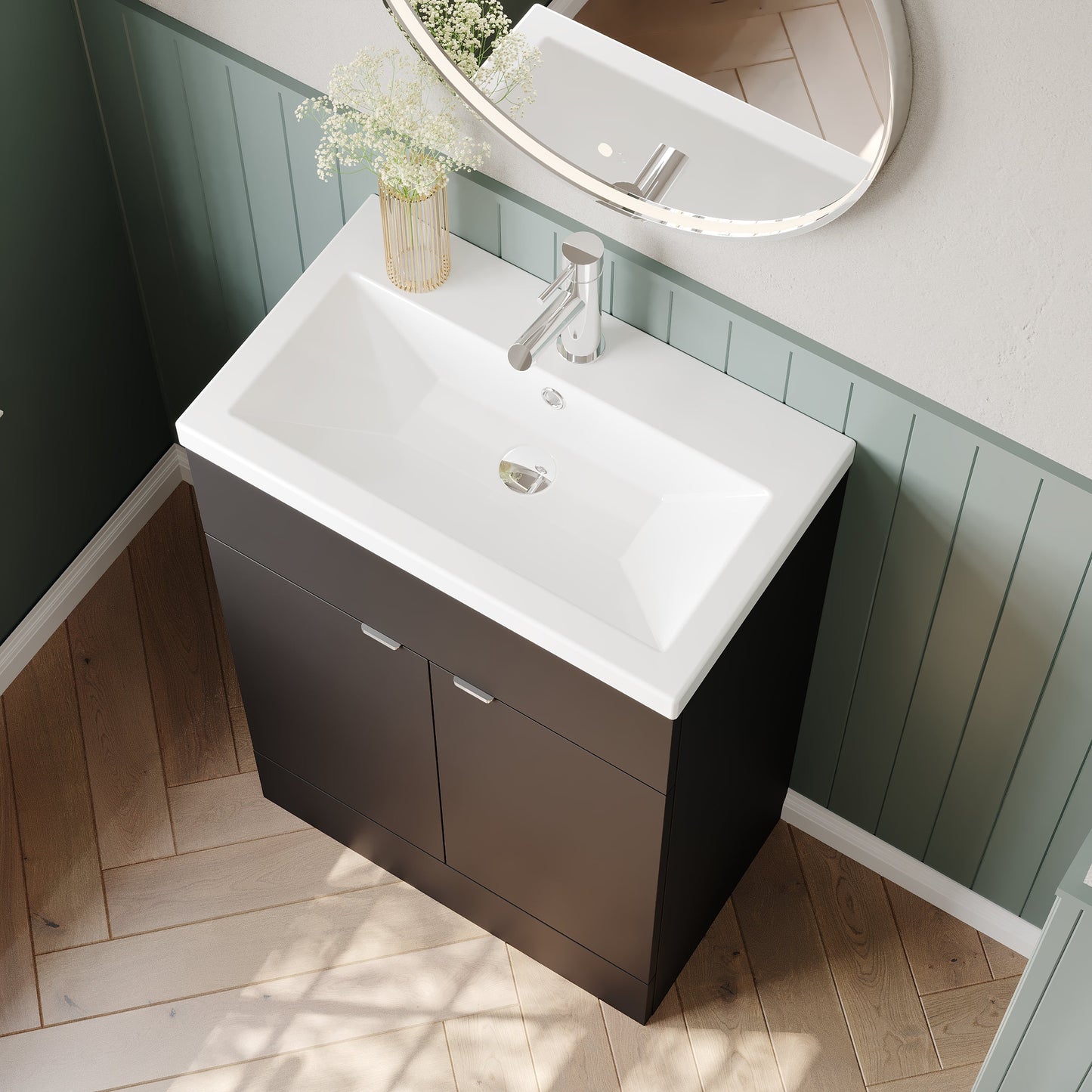 Hudson Reed Fusion 600mm Gloss Grey Floor Standing 2 Door Vanity Unit & Basin, Ready Built