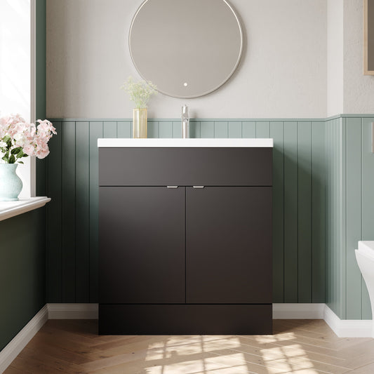 Hudson Reed Fusion 800mm Gloss Grey Floor Standing 2 Door Vanity Unit & Ceramic Basin With Handles