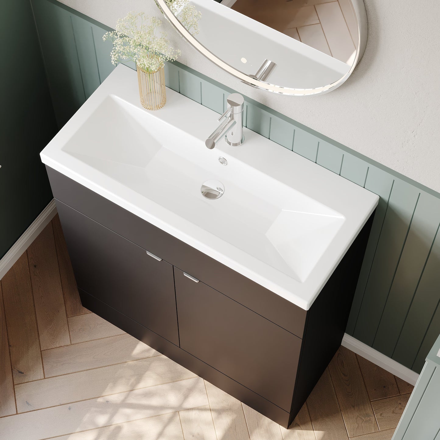 Hudson Reed Fusion 800mm Gloss Grey Floor Standing 2 Door Vanity Unit & Ceramic Basin With Handles