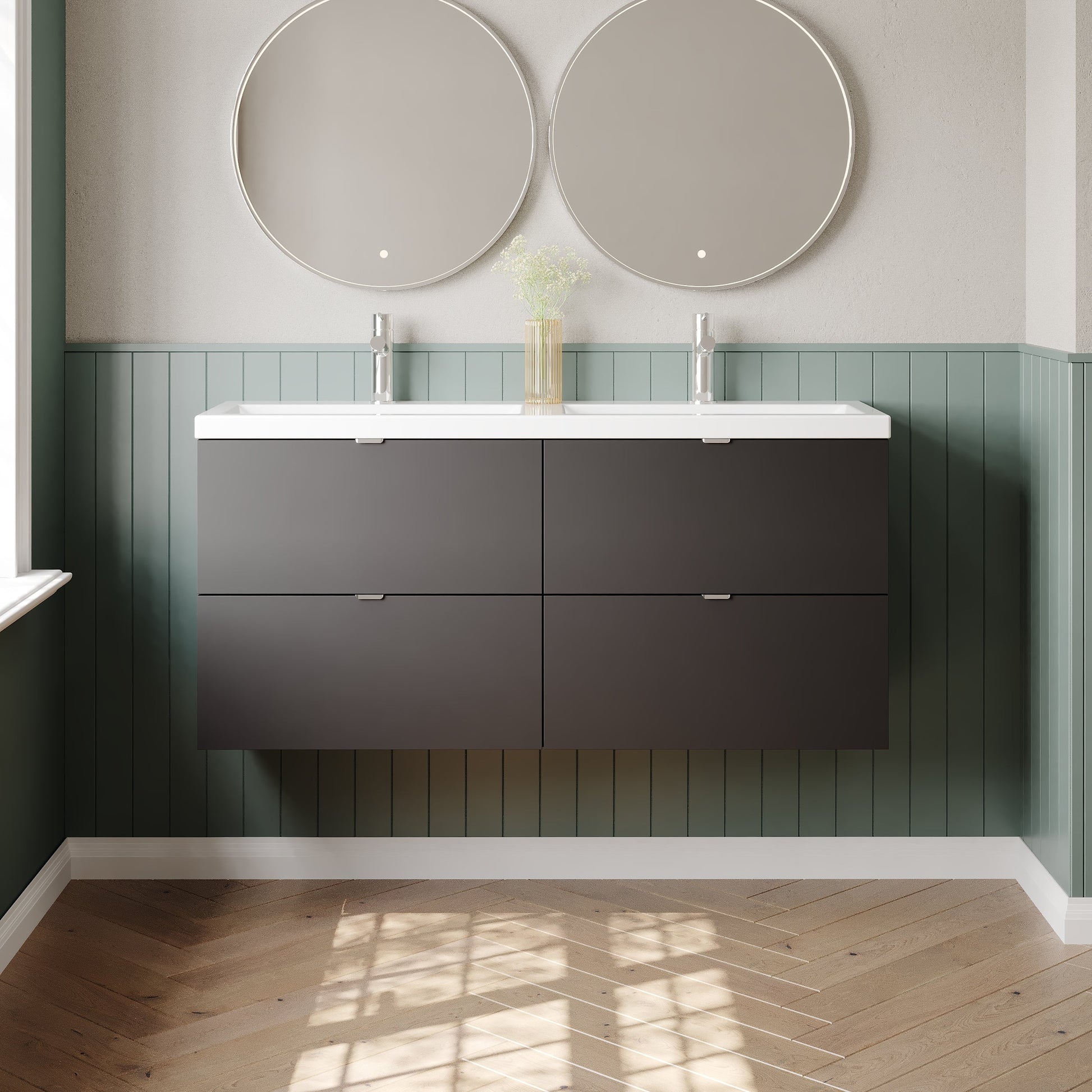 Hudson Reed Fusion 1200mm Gloss Grey 4 Drawer Wall Hung Vanity Unit With Twin Ceramic Basin