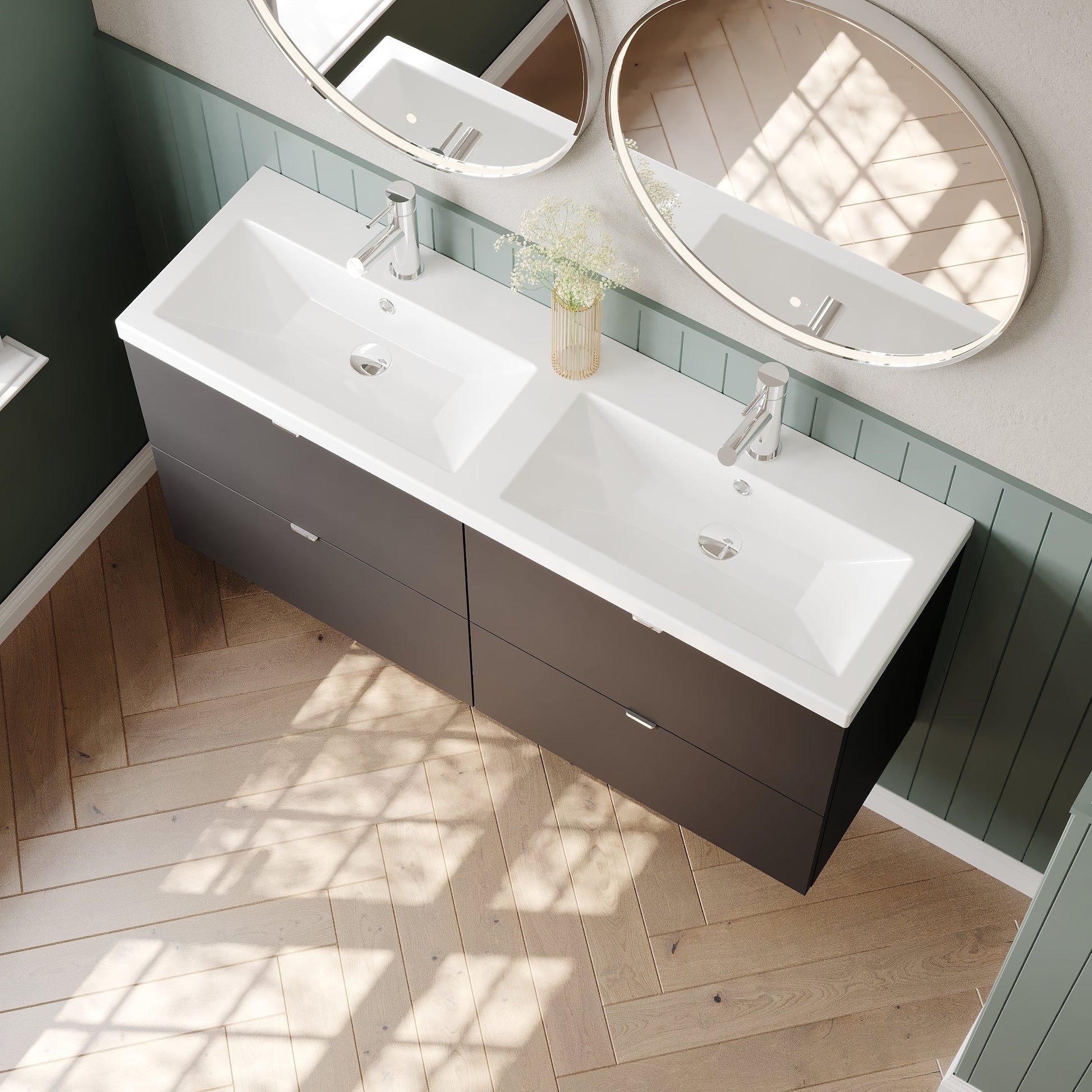 Hudson Reed Fusion 1200mm Gloss Grey 4 Drawer Wall Hung Vanity Unit With Twin Ceramic Basin