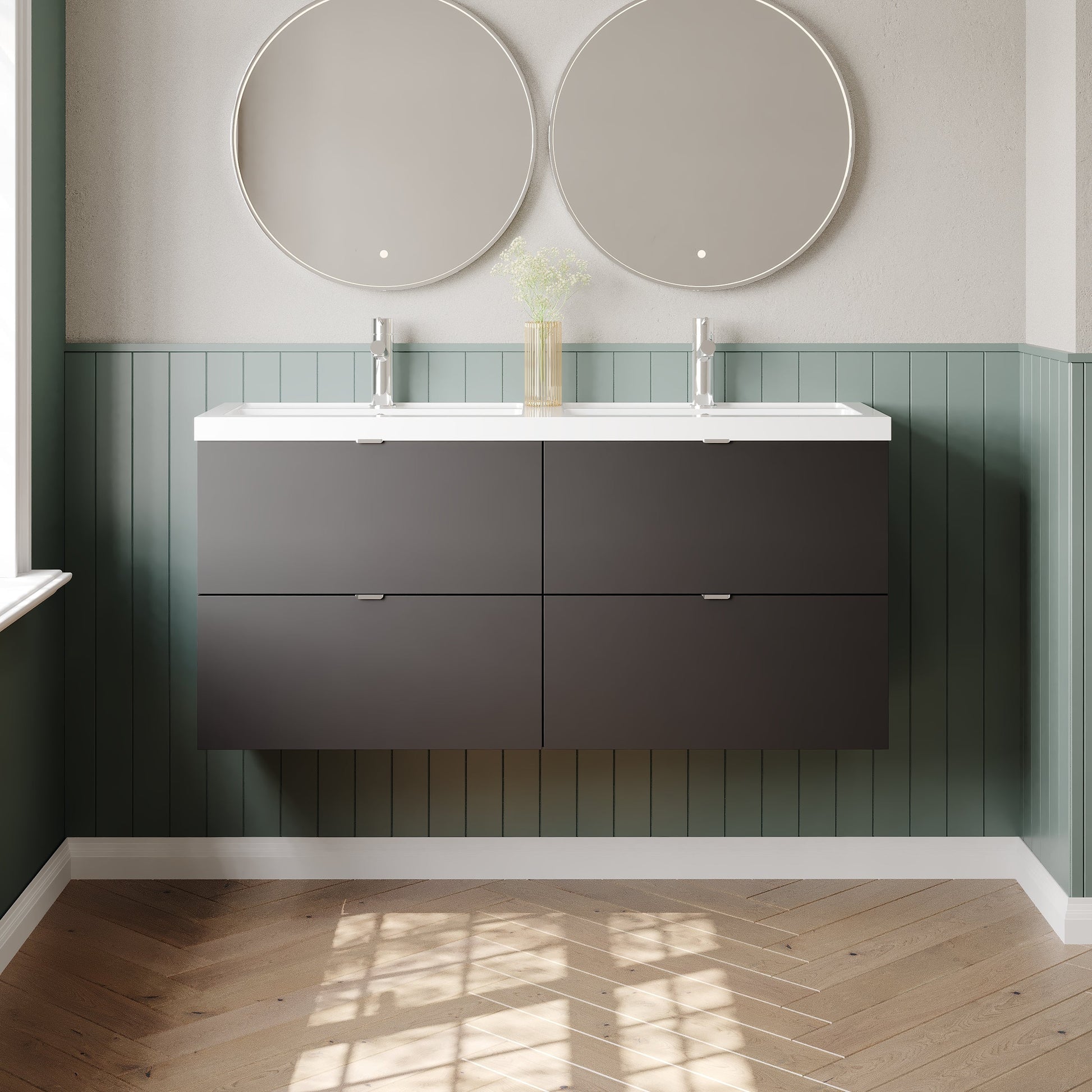 Hudson Reed Fusion 1200mm Gloss Grey Wall Hung 4 Drawer Vanity Unit with Double Polymarble Basin